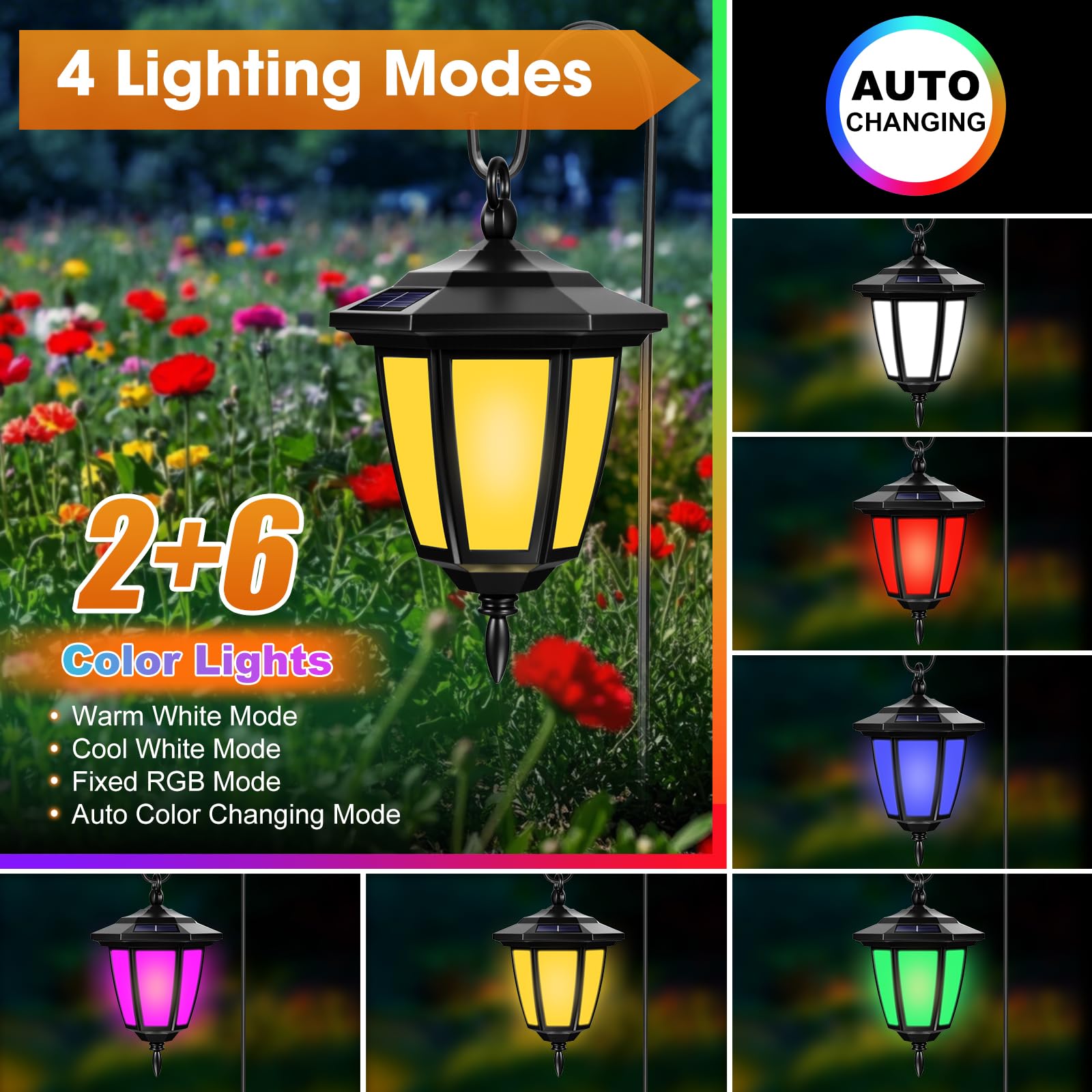 Viewsun Solar Hanging Lights, 4 Lighting Modes, Waterproof Lanterns, 4-Pack, Plastic, Model LT0803-4