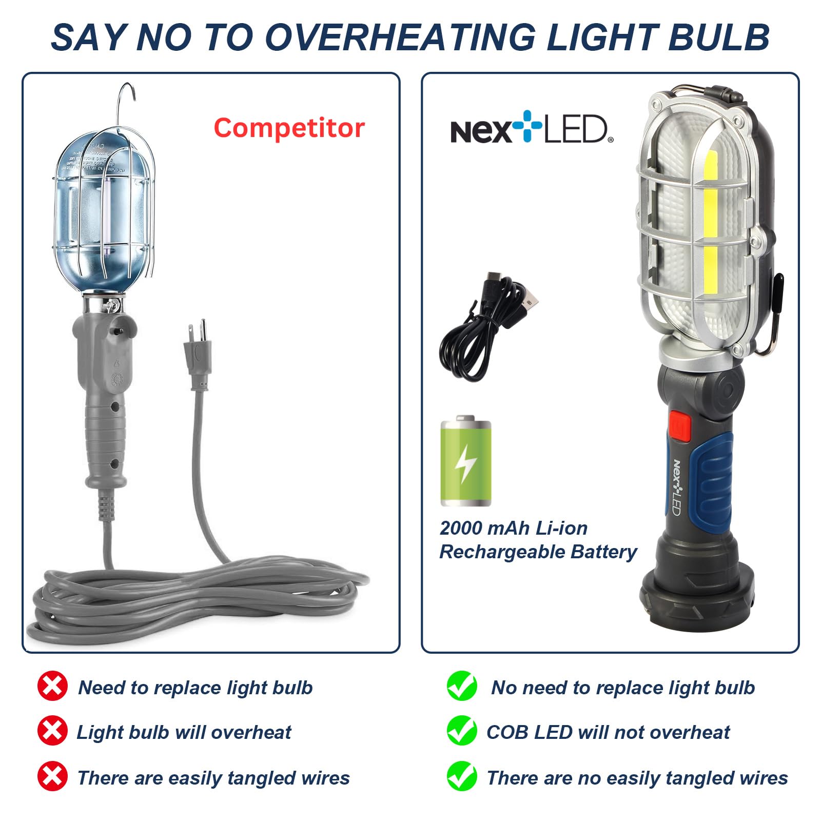 Nextled Nt-5571 Rechargeable Magnetic Led Work Light, 1000 Lumen Led Trouble Light, Cordless Led Drop Light, Mechanic Flashlight For Garage, Magnetic Base & Hook Automotive Work Light For Car Repair