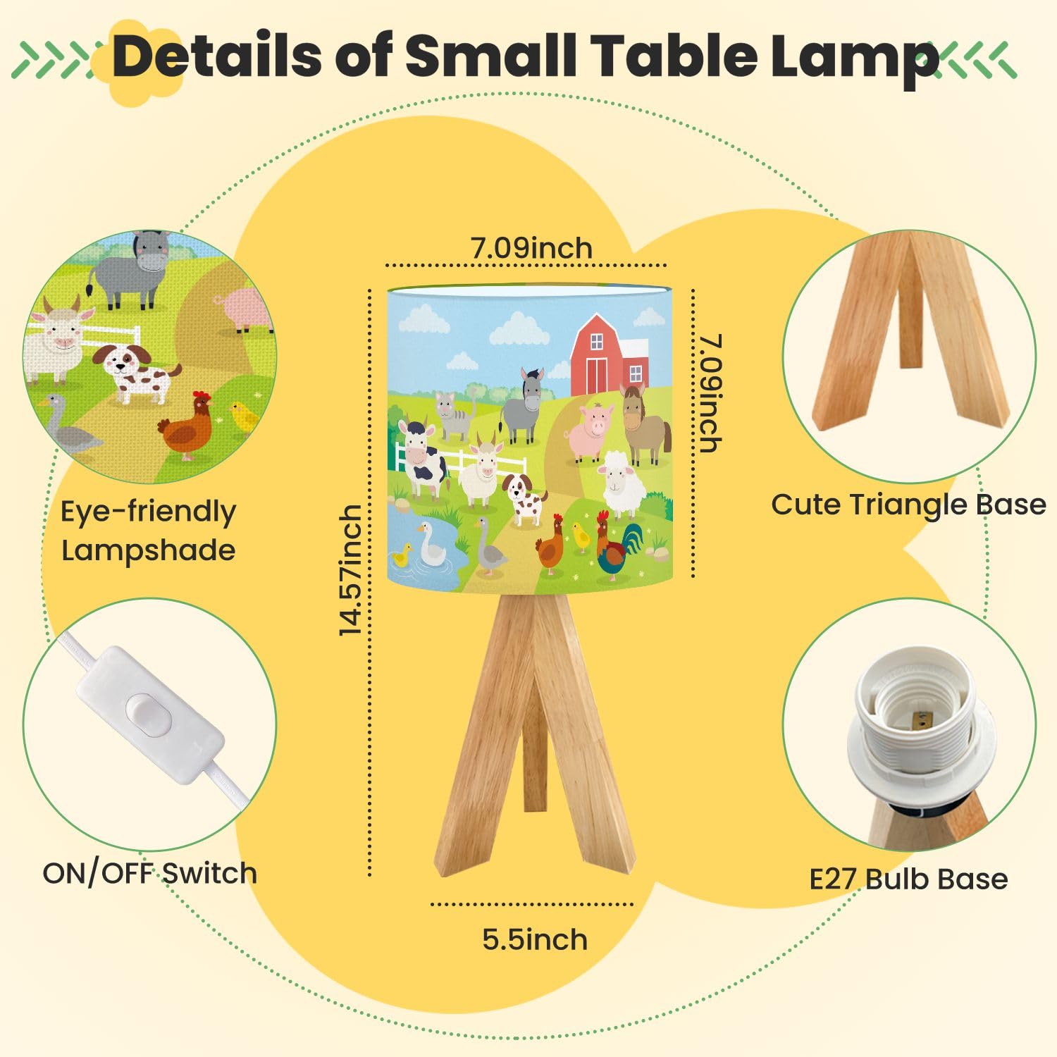 JCFANGALLERY Kids Bedside Desk Lamp, Tripod Small Night Light, Multicolor Wood, Farm Animals Design for Nursery Room, Bedroom Decor