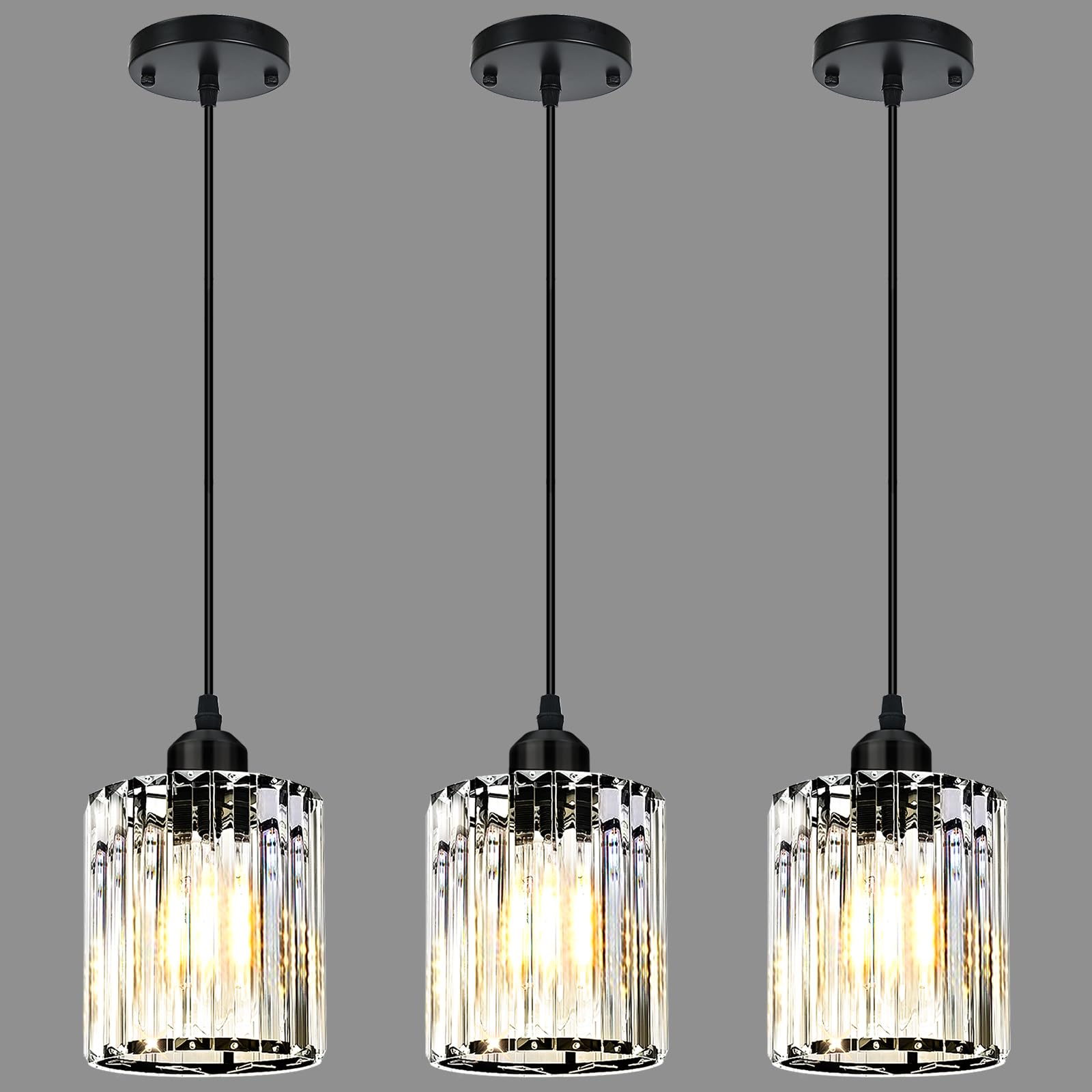 WKWKTOTO 3 Pack Pendant Lights Kitchen Island  Elegant Modern Island Lights for Kitchen with Crystal Glass - Elegant Black Pendant Lights for Kitchen Island  Dining Table  Entryway  Restaurant