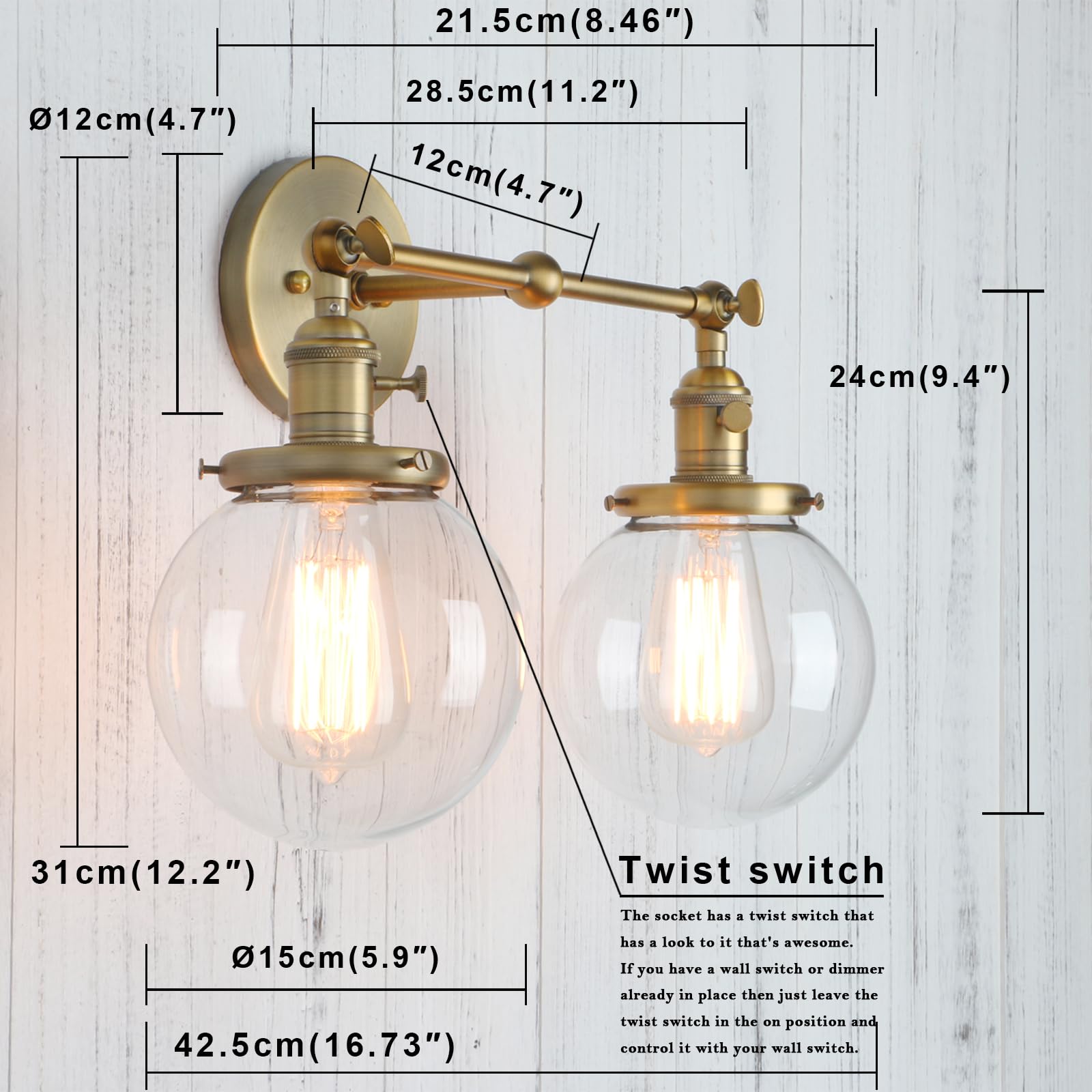 Permo Double Sconce Vintage Antique 2 Lights Vantiy Light Brass Gold Dual Wall Sconces With 5.9 Round Clear Glass Globe Shade Fo