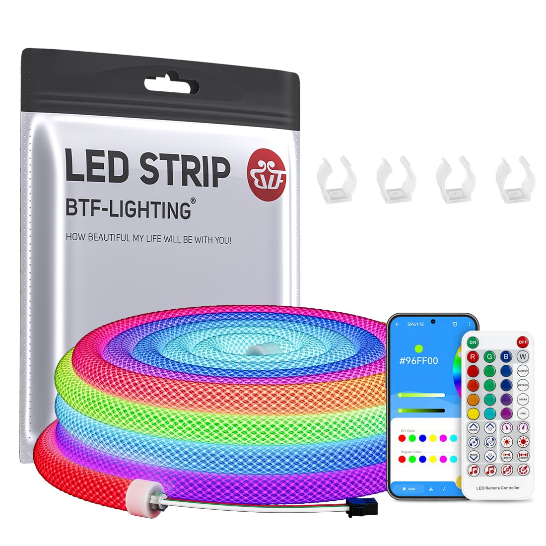 BTF-LIGHTING 6.5FT WS2811 WS2812B IC RGB 360 Degree Round Reticulate Chasing Color Neon LED Strip Kit Bluetooth Controller Flexi
