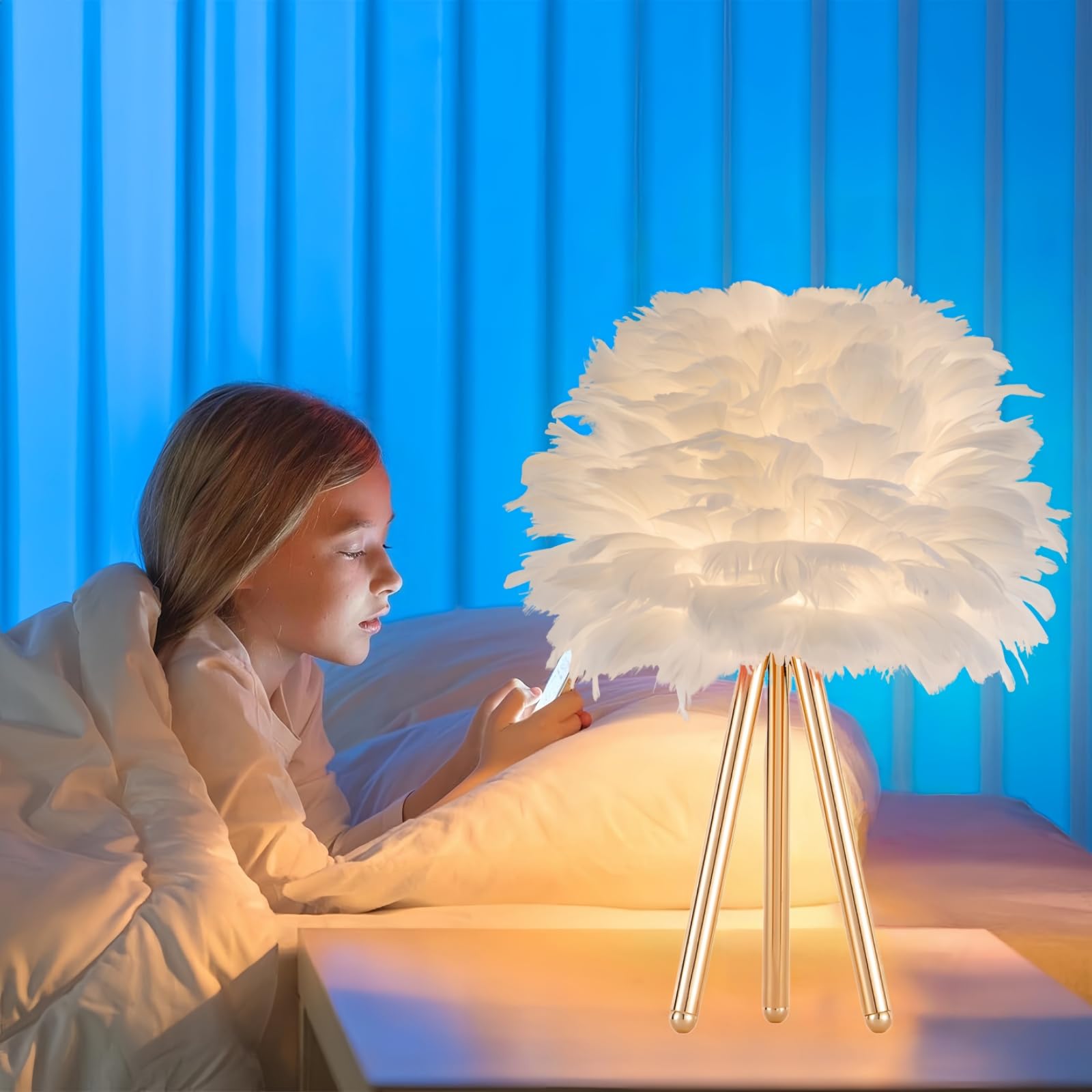 ZYLEIESENBAO White Feather Lamp Furry Table Lamp H16 Modern Princess Feather Desk Lamp Tripod Fluffy Bedside Nightstand Light 
