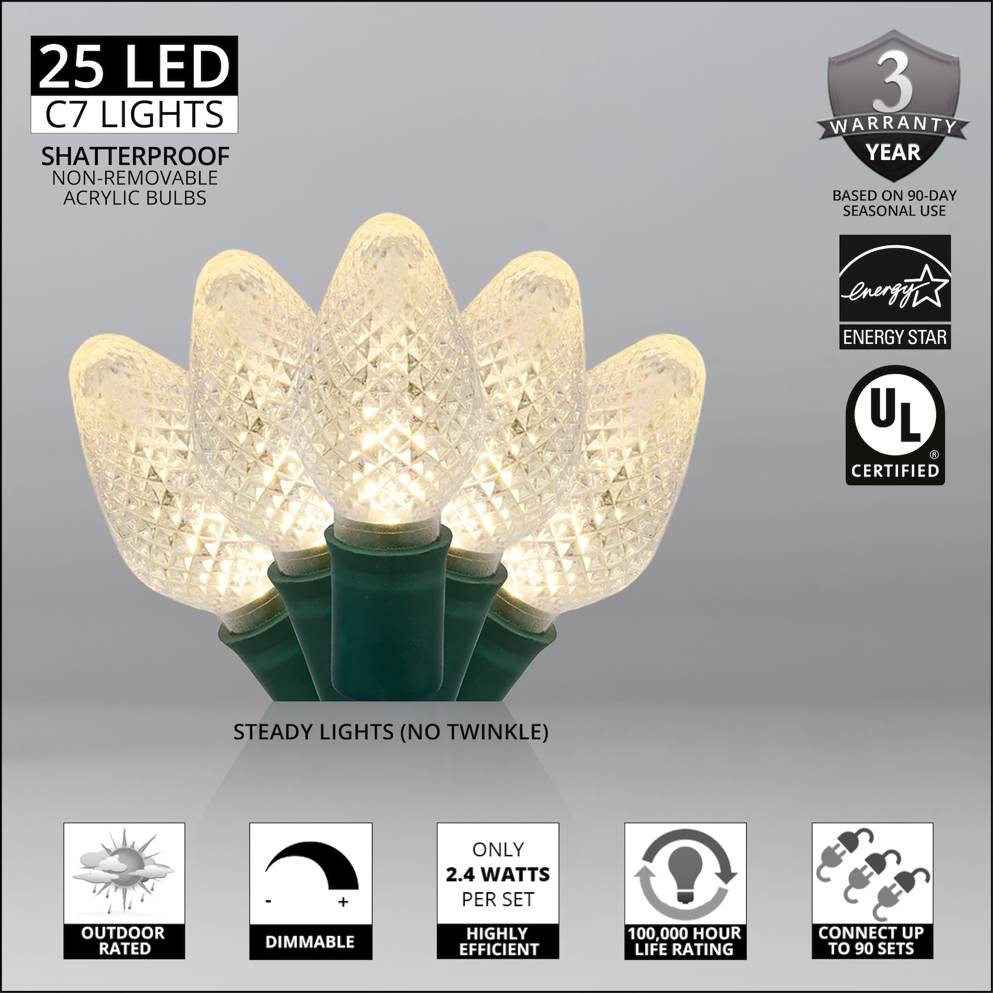 Wintergreen Lighting C7 Warm White Christmas Lights Set Of 25, 17 Ft, Led White Christmas Lights Outdoor-Indoor White Led Christmas Lights Party Wedding C7 Christmas Lights Warm White String Lights