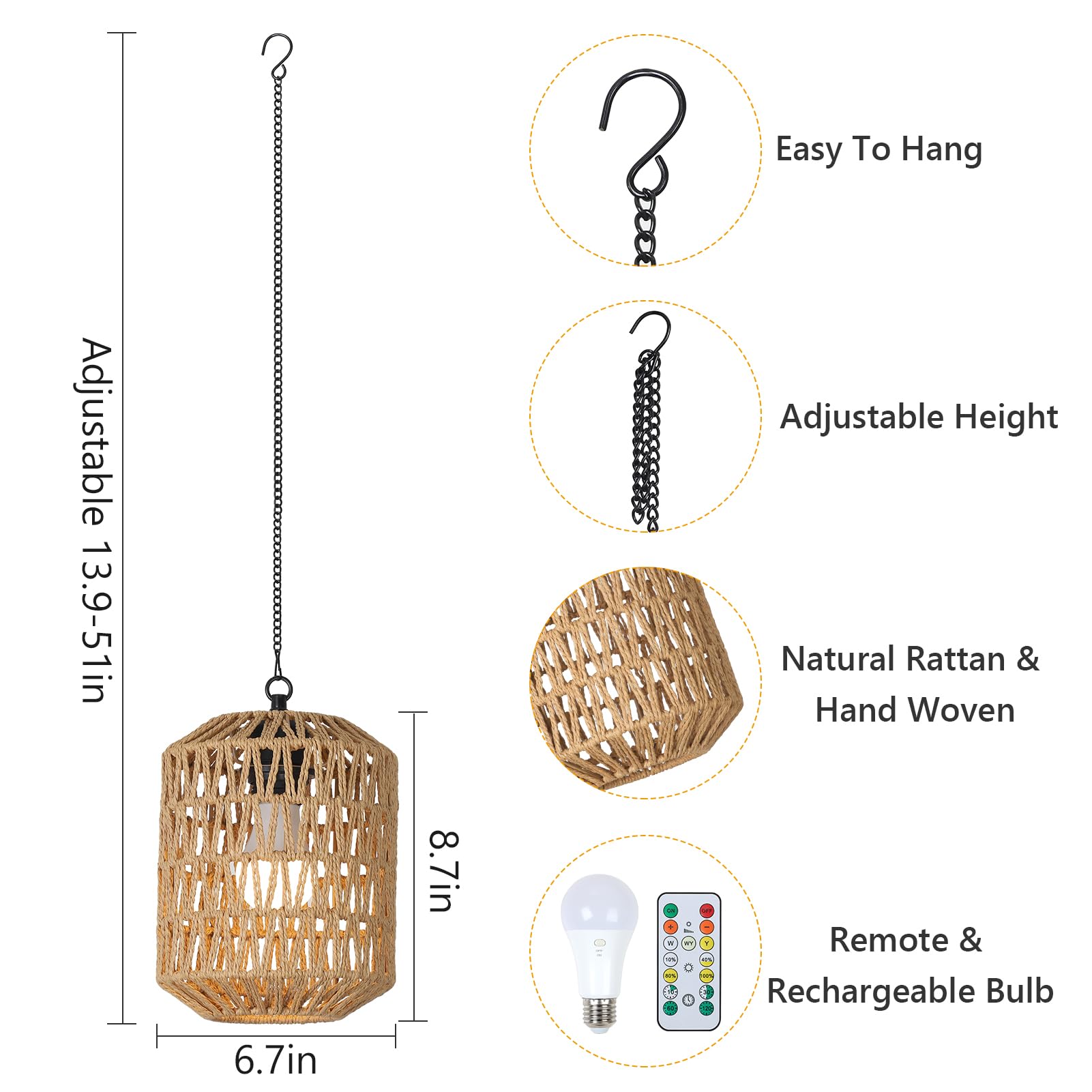 HMVPL Battery Operated Chandelier, Rattan Pendant Light with Remote, Brown, 2 Pack