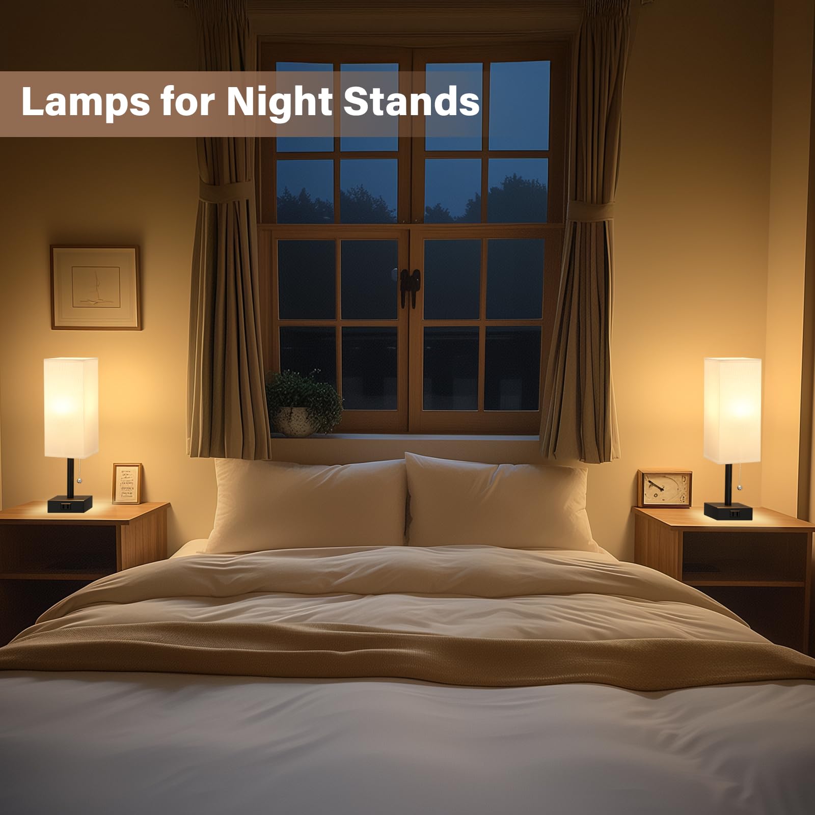White Bedside Lamps For Bedroom Set Of 2 - Small Rectangular Nightstand Lamp With Ac Outlet Charging Port, 3 Color Temperatures
