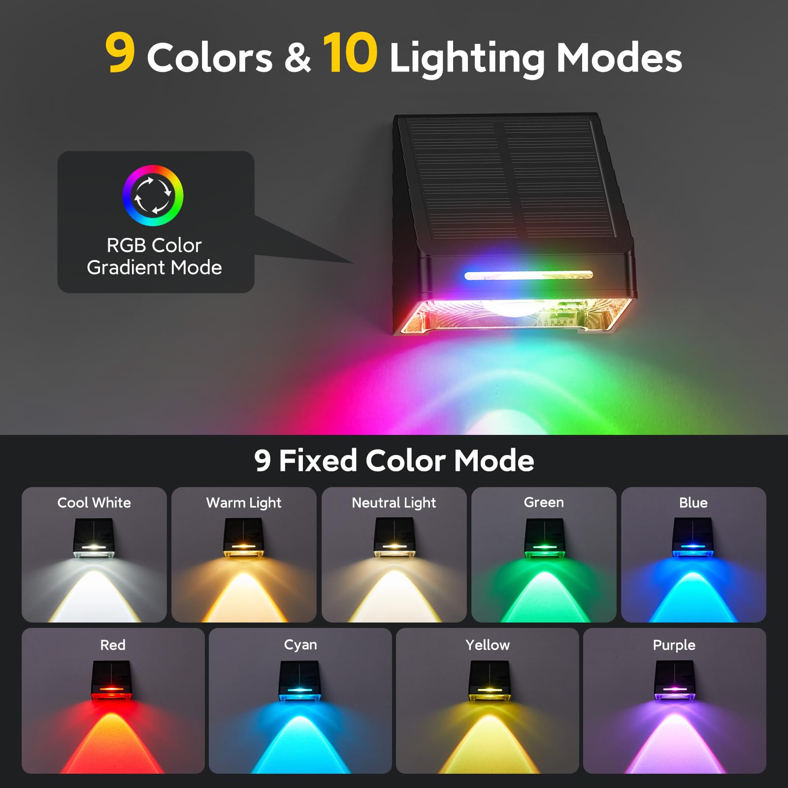 BUCASA Solar Fence Lights, Waterproof RGB Color Changing, 12 Pack, Black, Model TDL023, Dusk to Dawn Deck Lighting