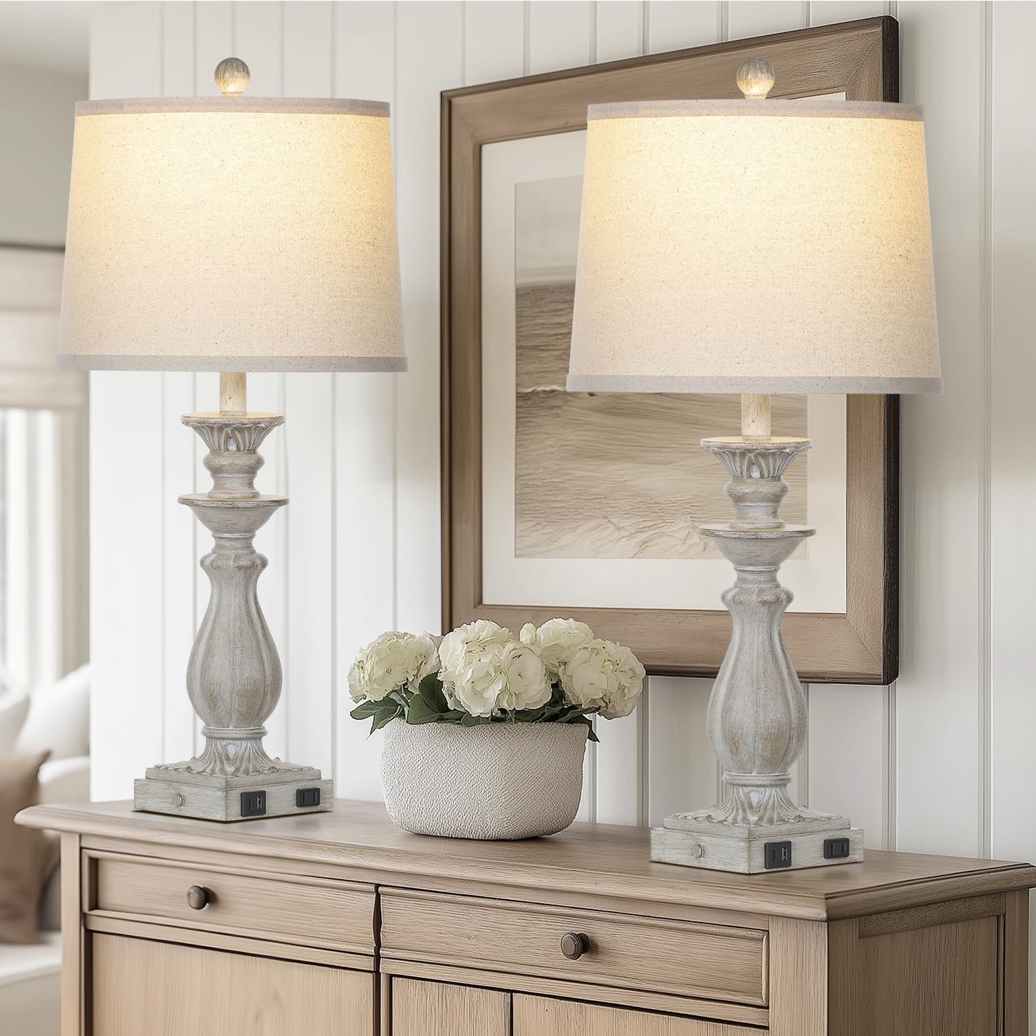 Rinweey 28" Farmhouse Table Lamps Set of 2, 3-Way Dimmable Touch, USB Ports, Gray Resin Nightstand Lamps