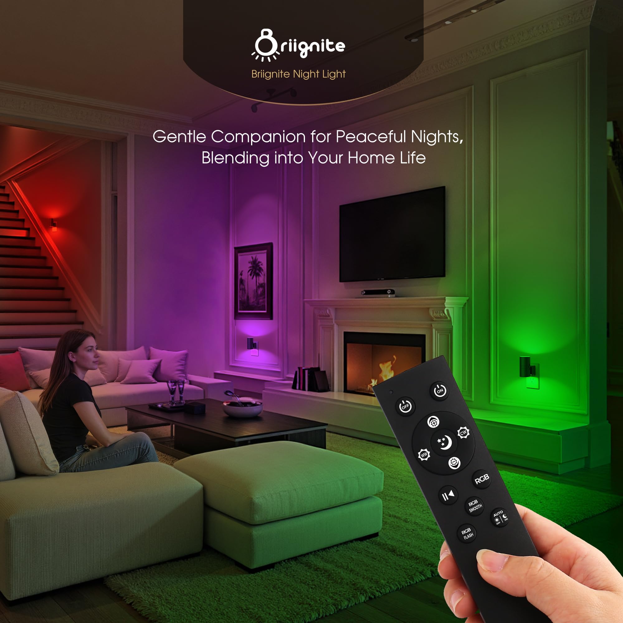 Briignite 11-Color Changing Night Light with Remote Control, Adjustable 0-100 LM, LED, Black, Model BRYKGY06309US, Plug into Wall