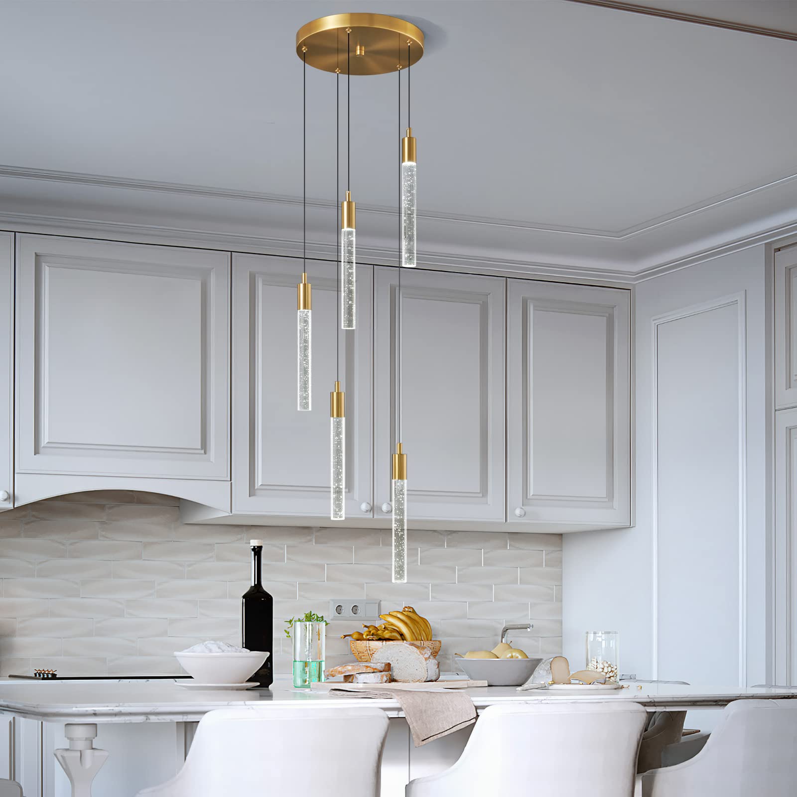 Zhllmq Modern Light Fixture Kitchen Island Pendant Light Dimmable Led Gold Pendant Lights Mini Crystal Pendant Lighting For Bedroom Dining Room Living Room(5-Light )