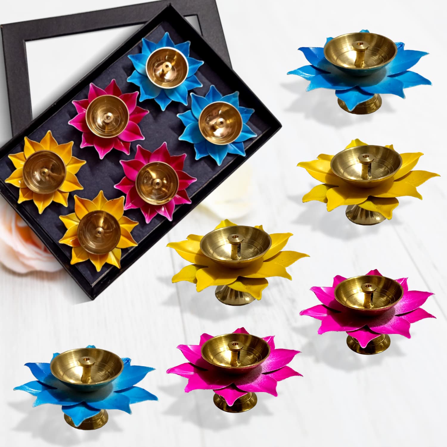 Lamina Set of 1BOX Lotus Shaped Small Brass Diya for Puja (6Diyas 3inch Multicolor Petals) Center Wick Holder Pital Akhand Deep