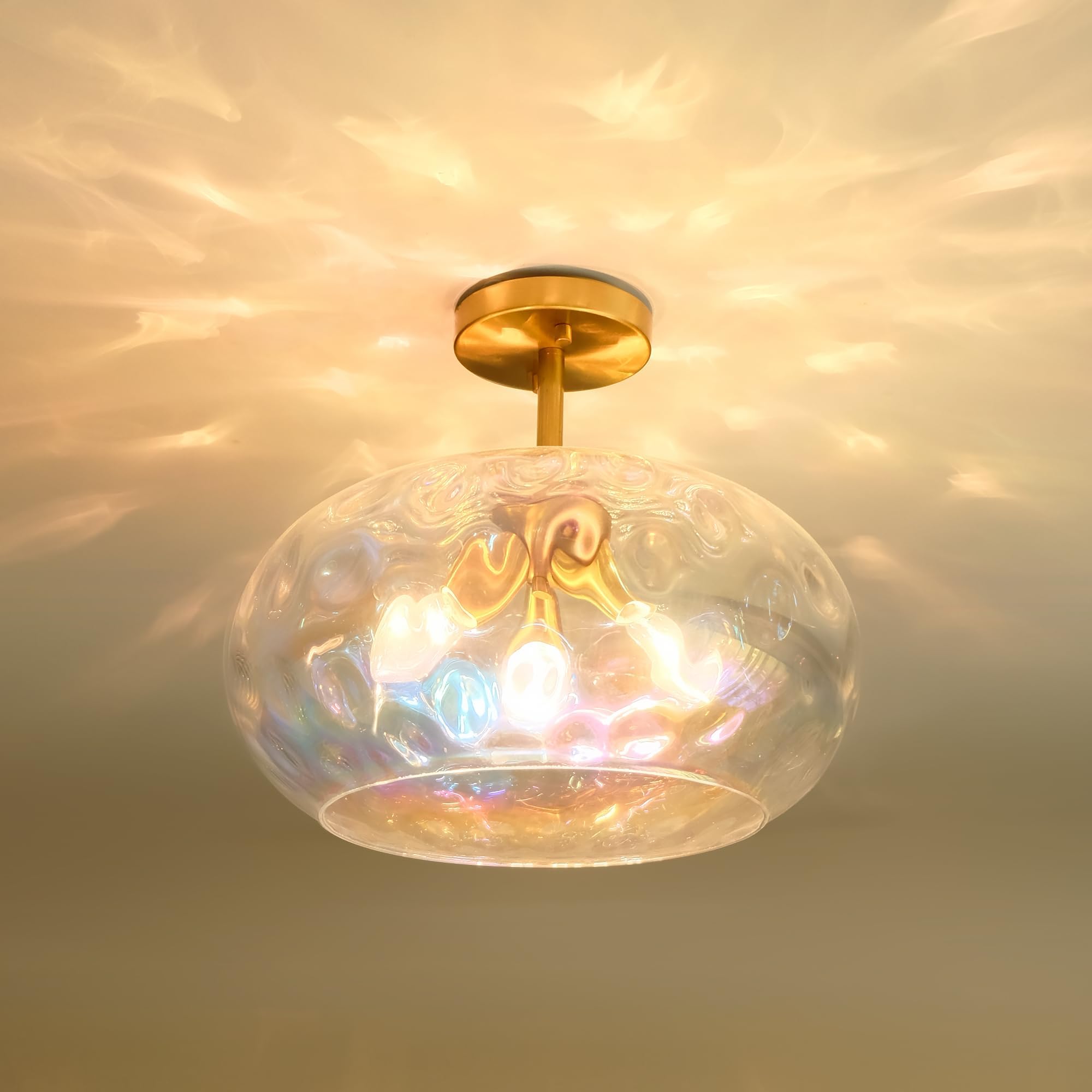 Wrlmfy Brass Gold Semi Flush Mount Ceiling Fixture Large Hammered Glass Shade Modern Close to Ceiling Light 14 Art Lampshade for