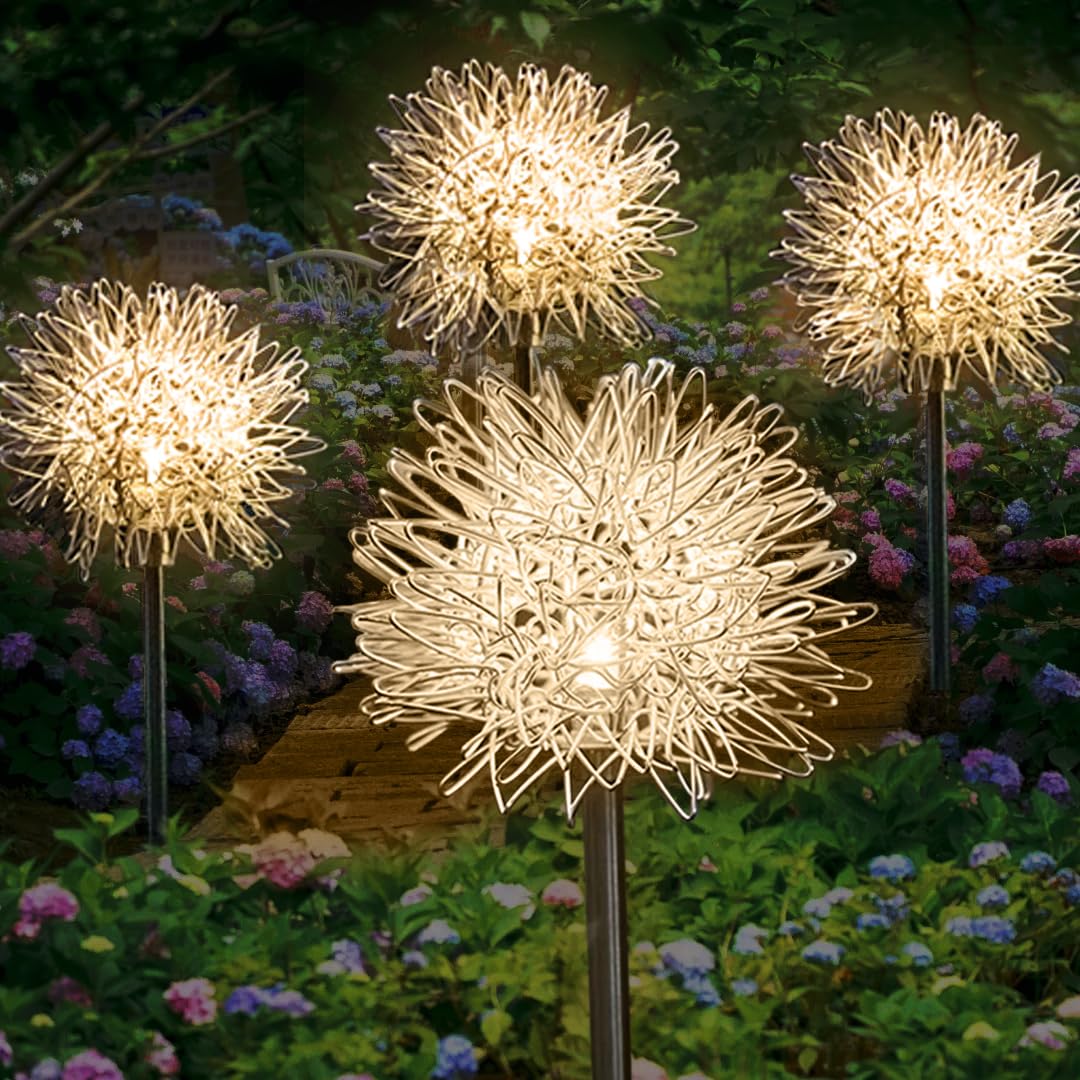 GUOCHENG Solar Garden Lights, Waterproof Metal Dandelion Lights, 4 Pack, Outdoor Patio Yard Pathway Decor, Model GC-Solar