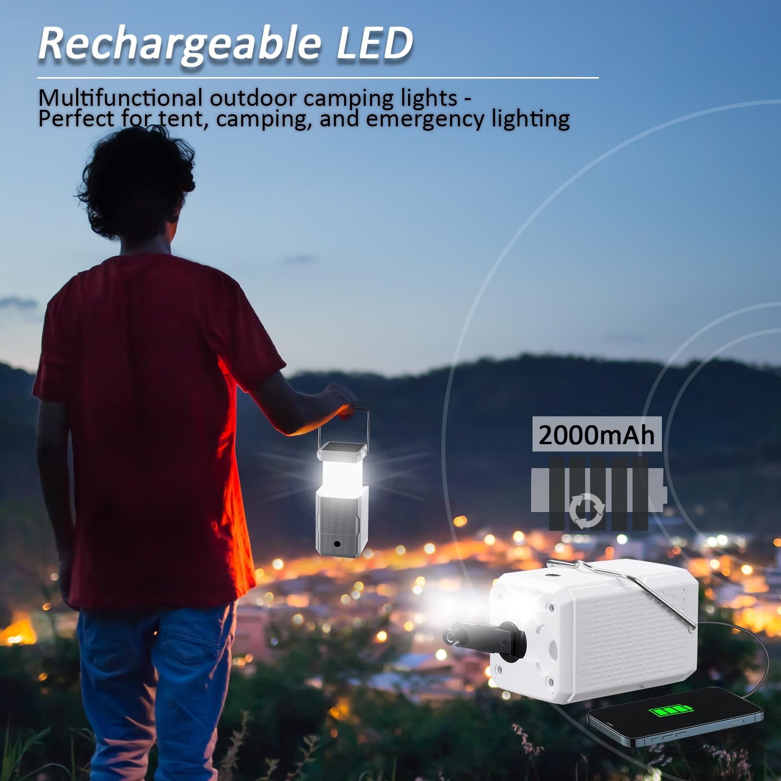 2 Pack Camping Lantern Rechargeable, Hand Crank & Solar Camping Lights with USB Output, Tent Lights for Camping, Portable Camp L