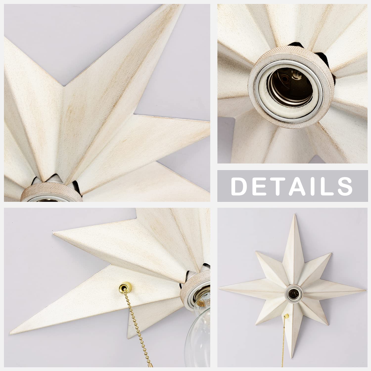 Airposta 16 inch Flush Mount Ceiling Light, White Star Design, Metal, Pull Chain, Farmhouse Style for Hallway, Entryway, and More