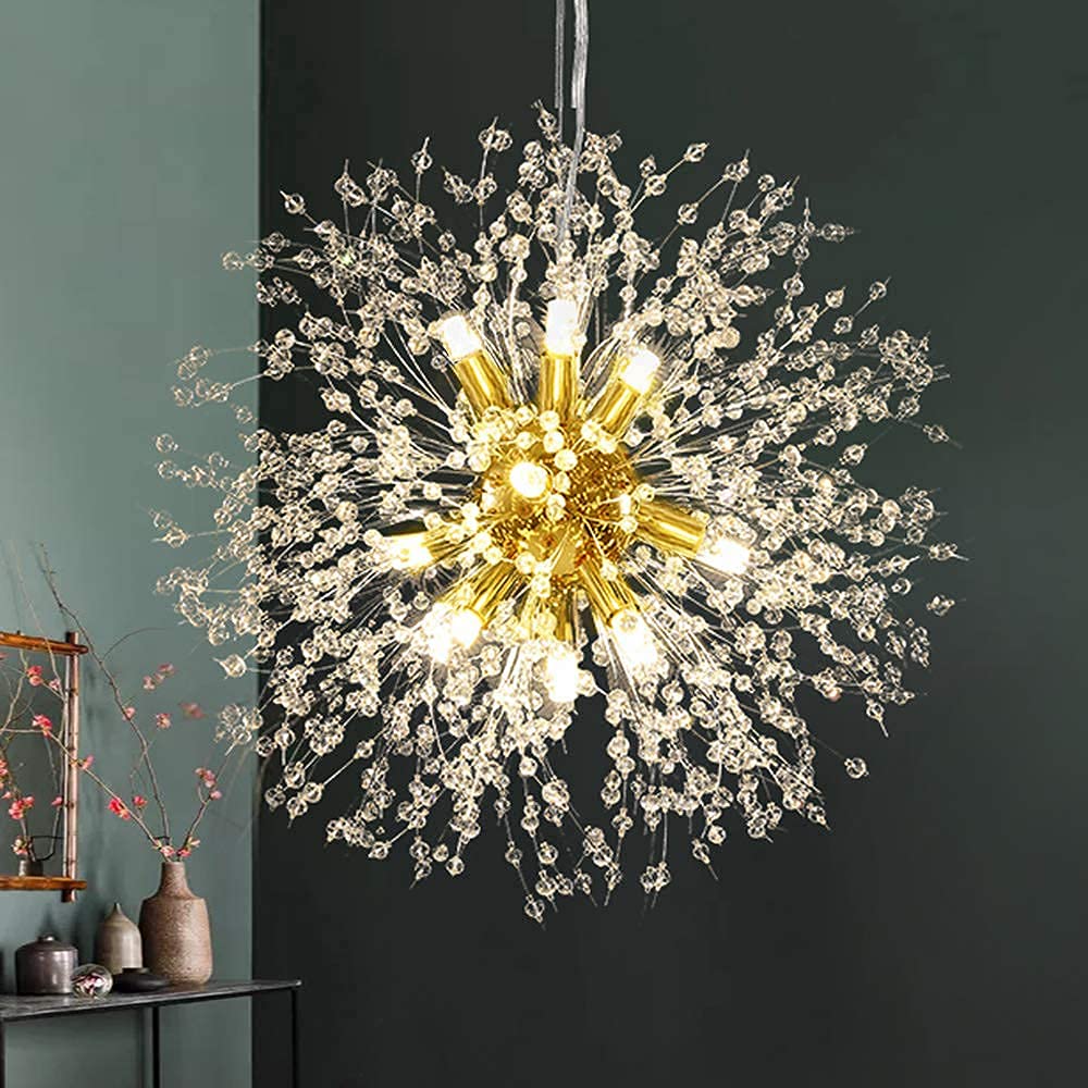 Vikaey Modern Dandelion Firework Chandelier, Gold Dining Room Chandelier, Crystal Hanging Pendant Lighting Fixture for Living Room, Bathroom, Bedroom, Entryway, 12-Light