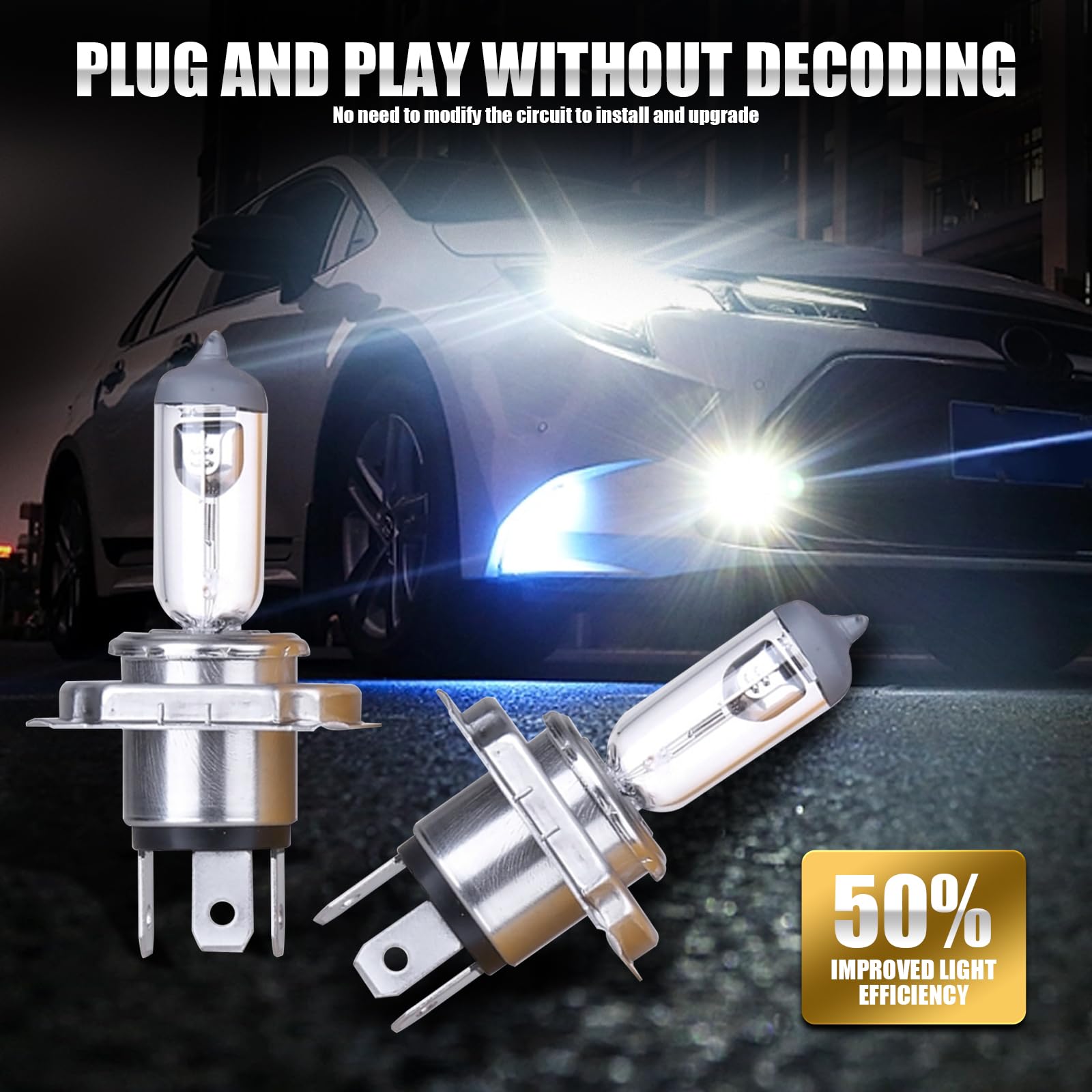 gunhunt H4 Halogen Bulbs, 12V Quartz Lamp, Low/High Beam Fog Light Replacement, 2 PCS, White, Model GURSD1701WH-H4-2PCS