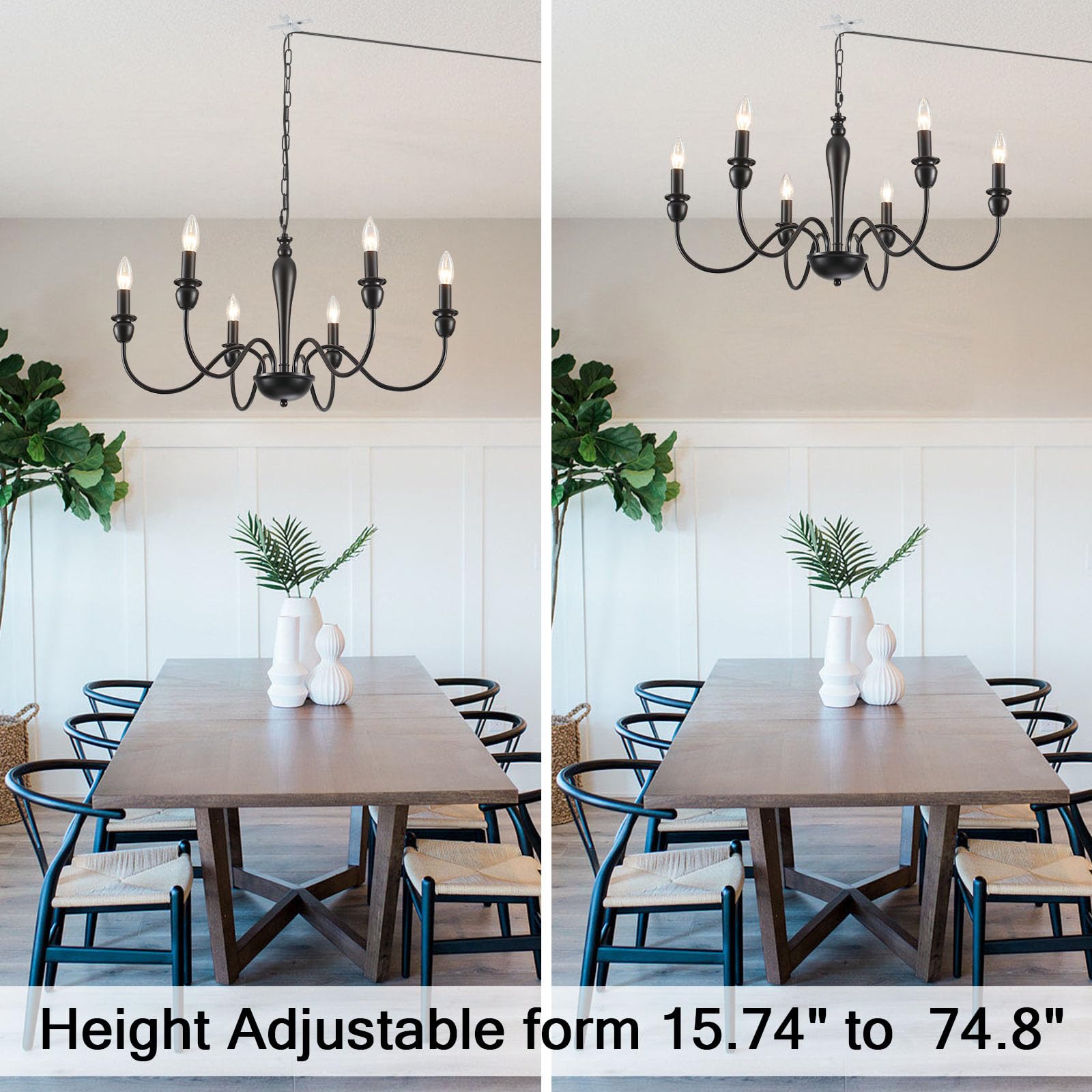 Lxwnyy Plug In Chandelier With Long Cord 15.1Ft, 6 Lights Farmhouse Light Fixtures Hanging Lights With Plug In Cord, Black Plug