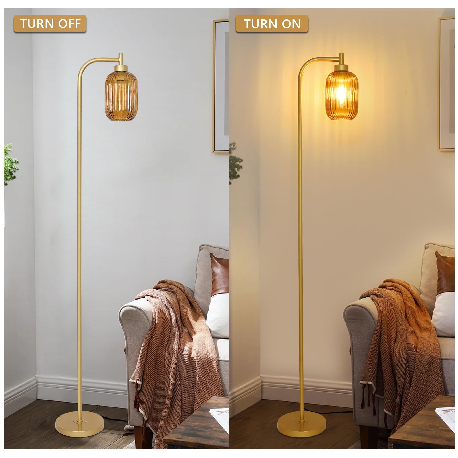 Lamsu Glass Floor Lamps For Living Room  Vintage Gold Standing Lamp With Led Bulb  Amber Stripe Glass Shade  Foot Switch  Mid Century Modern Brass Tall Corner Lamp For Bedroom Office Reading Room