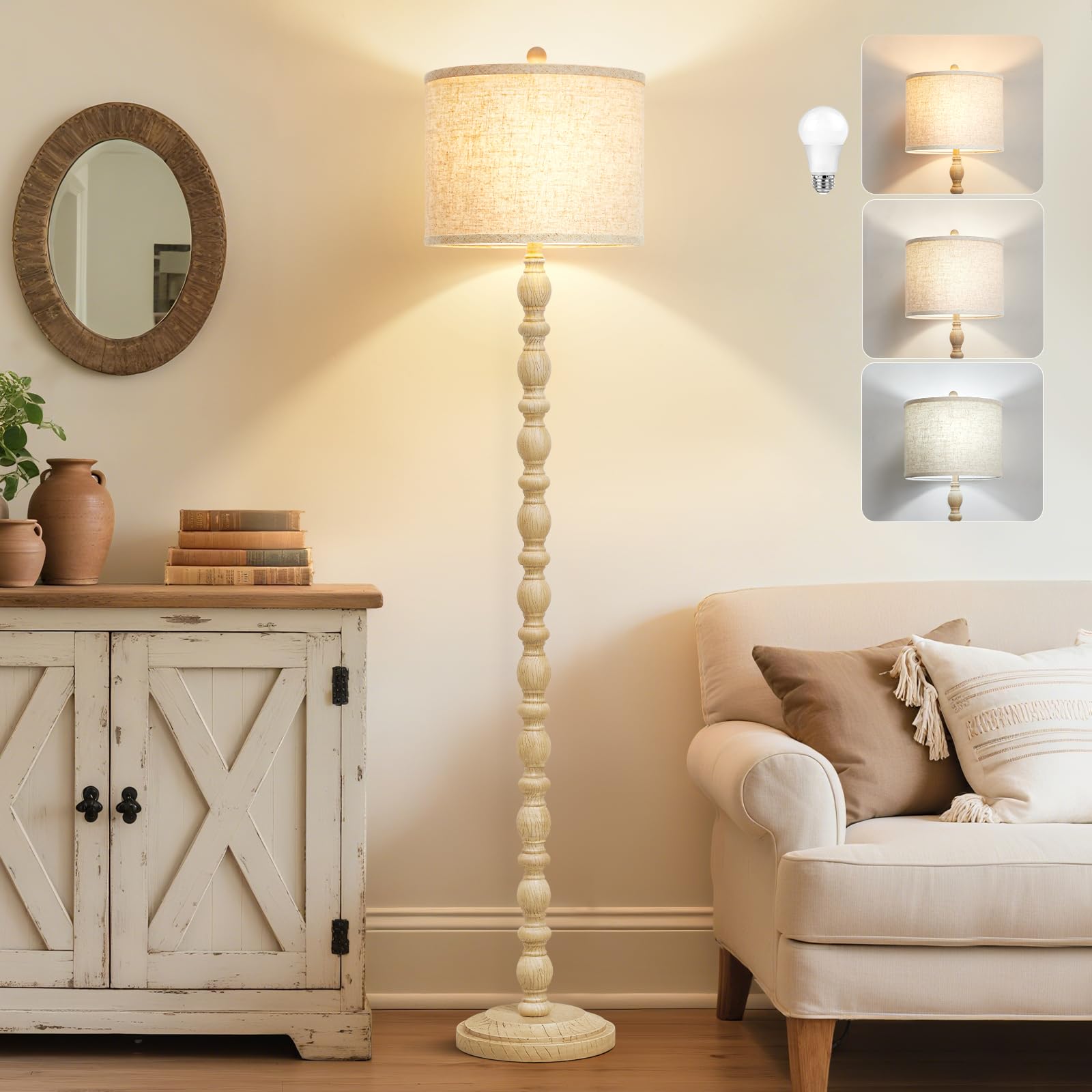 62 Floor Lamps for Living Room, Adjustable Color Temperature Standing Lamp, Vintage Farmhouse Floor Lamp with Rotary Switch, Rus