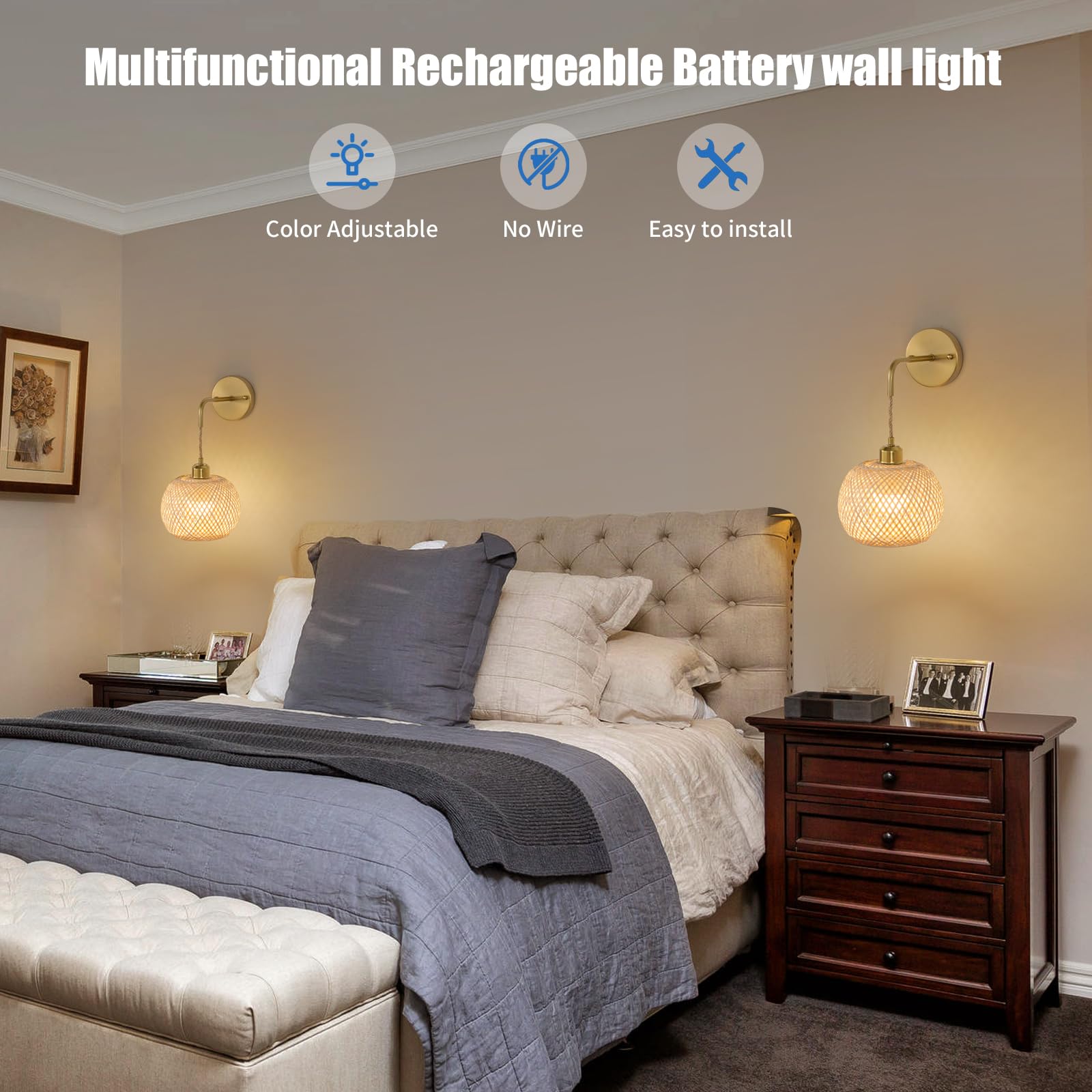 Vitnucrol Gold Wall Sconces Set of 2, Rechargeable Rattan Lamps with Remote, 15 Colors Dimmable, Wireless Boho Lighting, Model WS0008BM2