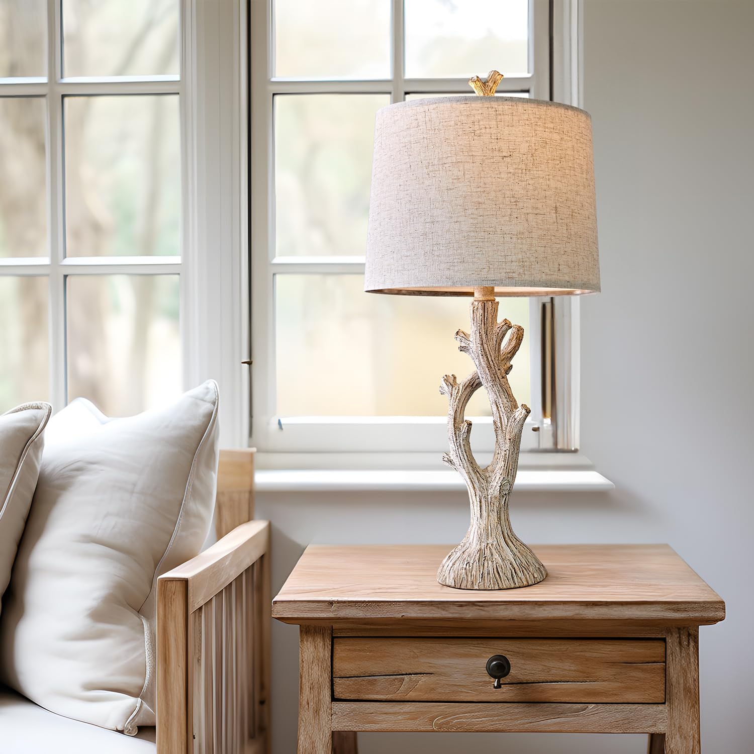 OYEARS Farmhouse Table Lamps Set of 2, Vintage Natural Style, 25" White Bedside Nightstand Lighting