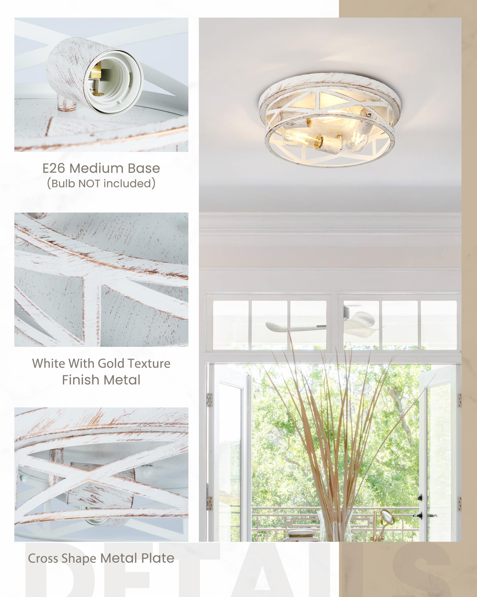 piano7797 3-Light Ceiling Light Fixture, Metal, 13 inch, White and Gold, Model PACL003, 1 Pack