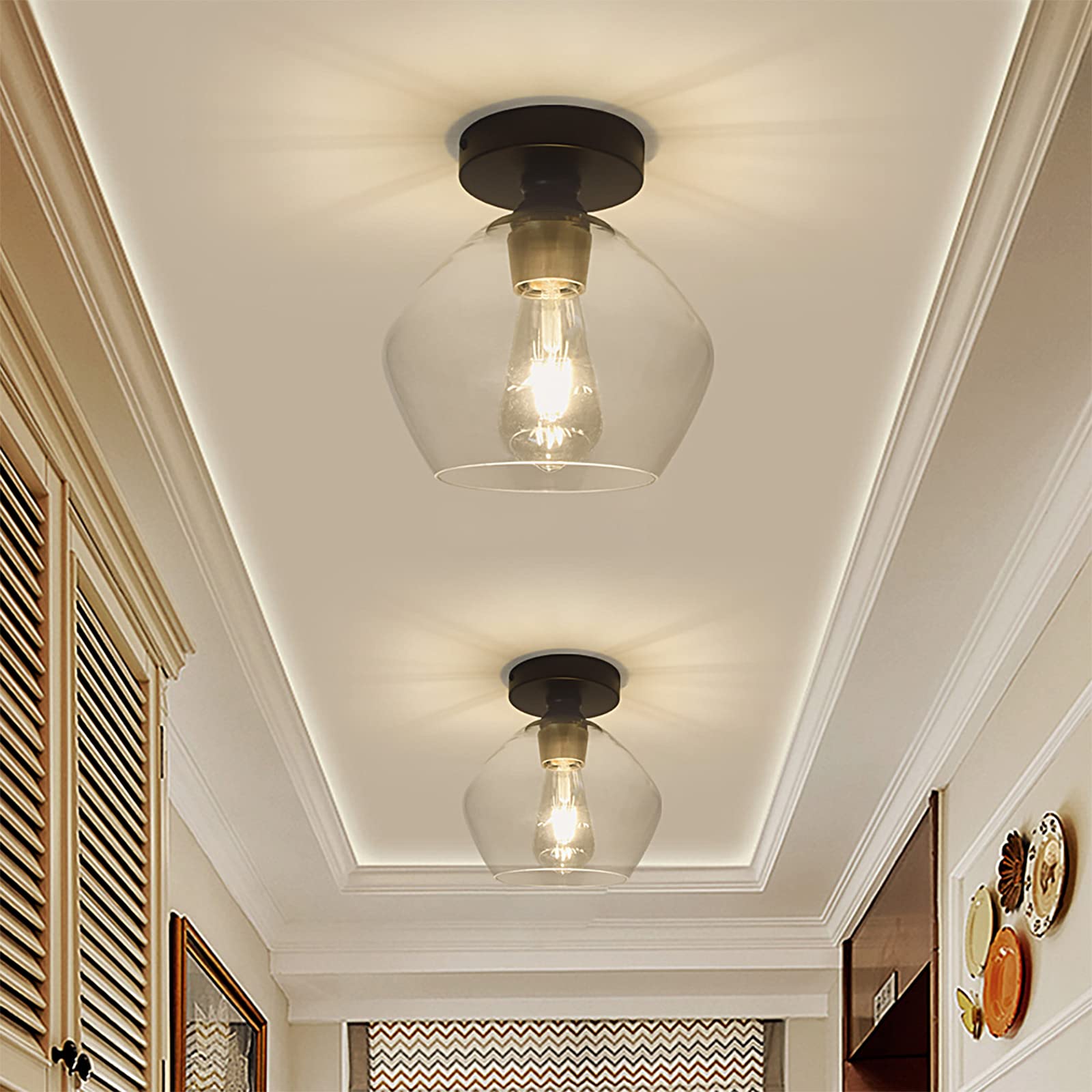 DLLT Industrial Semi Flush Mount Light, Vintage Close to Ceiling Light, Farmhouse Glass Ceiling Light Fixture for Hallway, Entry