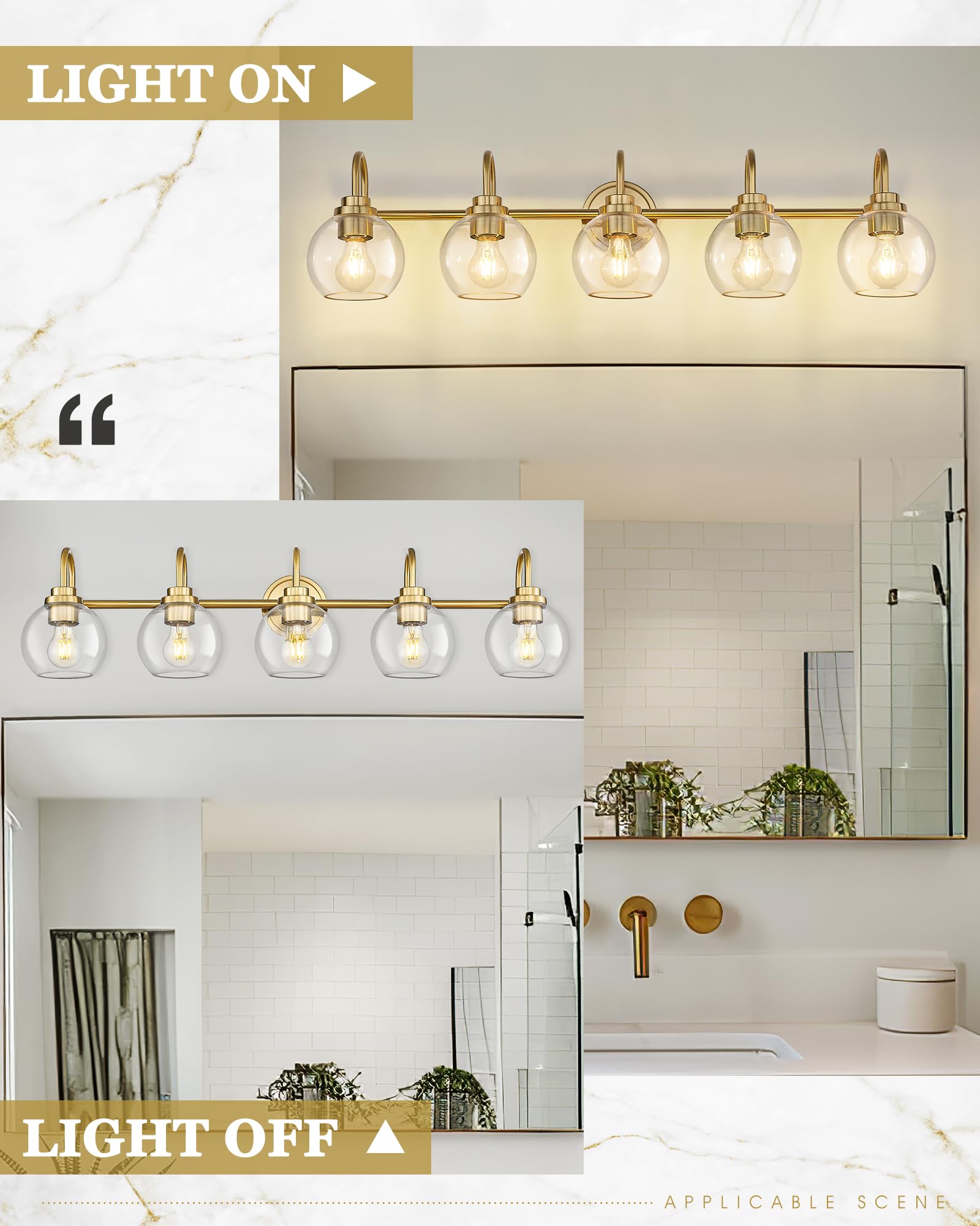 Audickic 5-Light Bathroom Vanity Light Fixtures, Brushed Gold with Clear Glass, 35 Inch, Model AD-22280-5W-GD