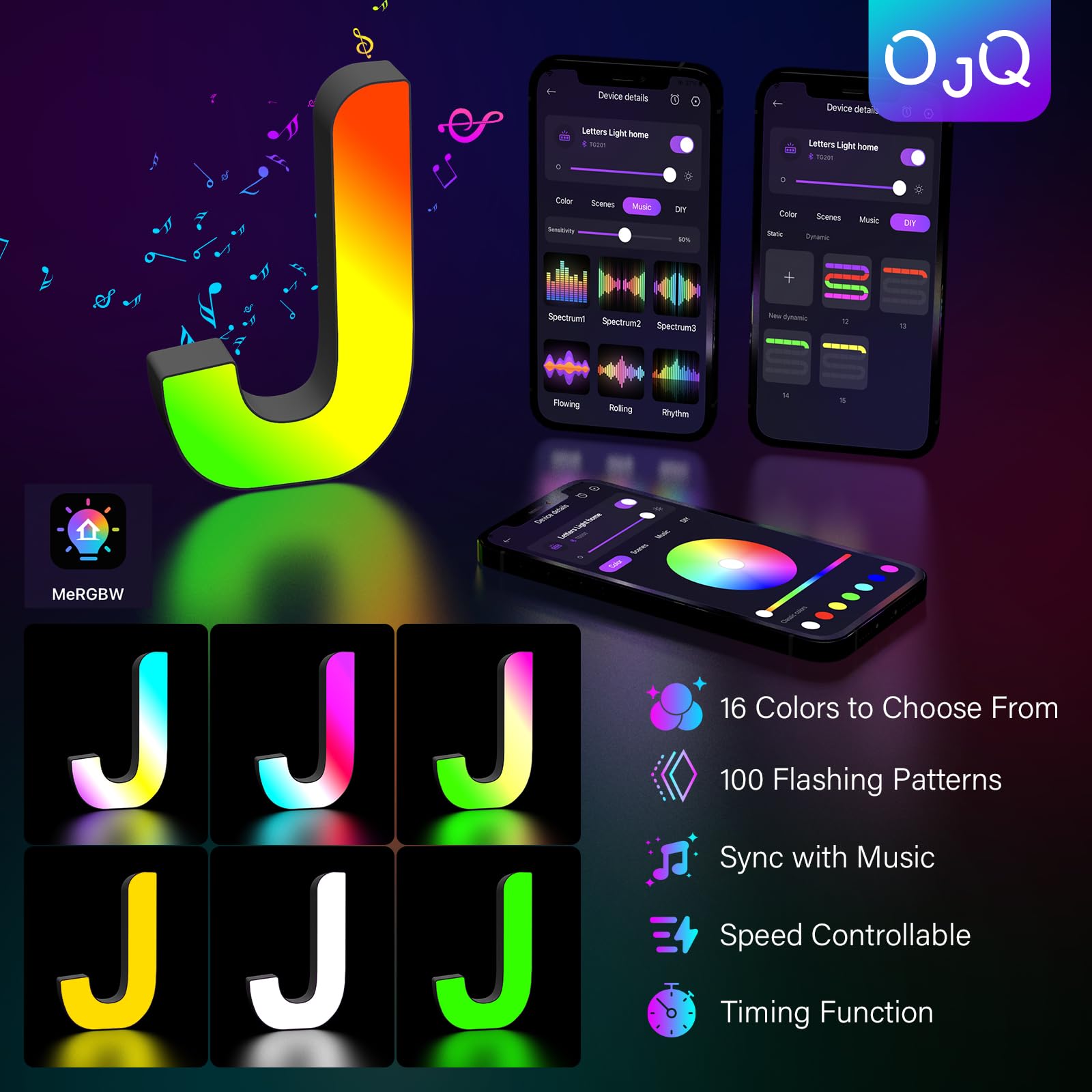 OJQ LED Light Up Letter - Colorful Alphabet, Music Sync, Plastic, Model A1, Color J - Bedroom Decor Gift for Girls
