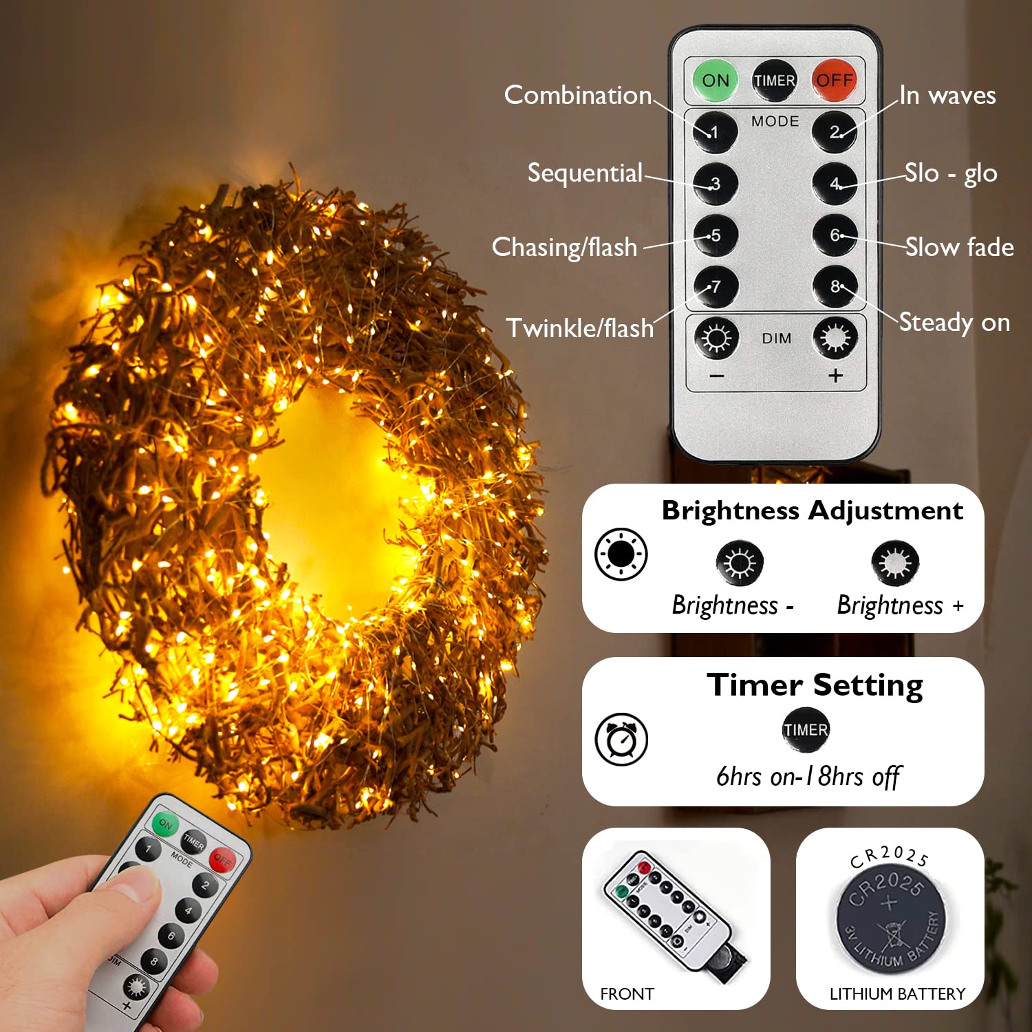 Homemory 200 Led Battery Operated Fairy String Lights, 66Ft Waterproof Warm White Copper Wire, 8 Modes With Remote, Model Hxd20Mt1Nbyk