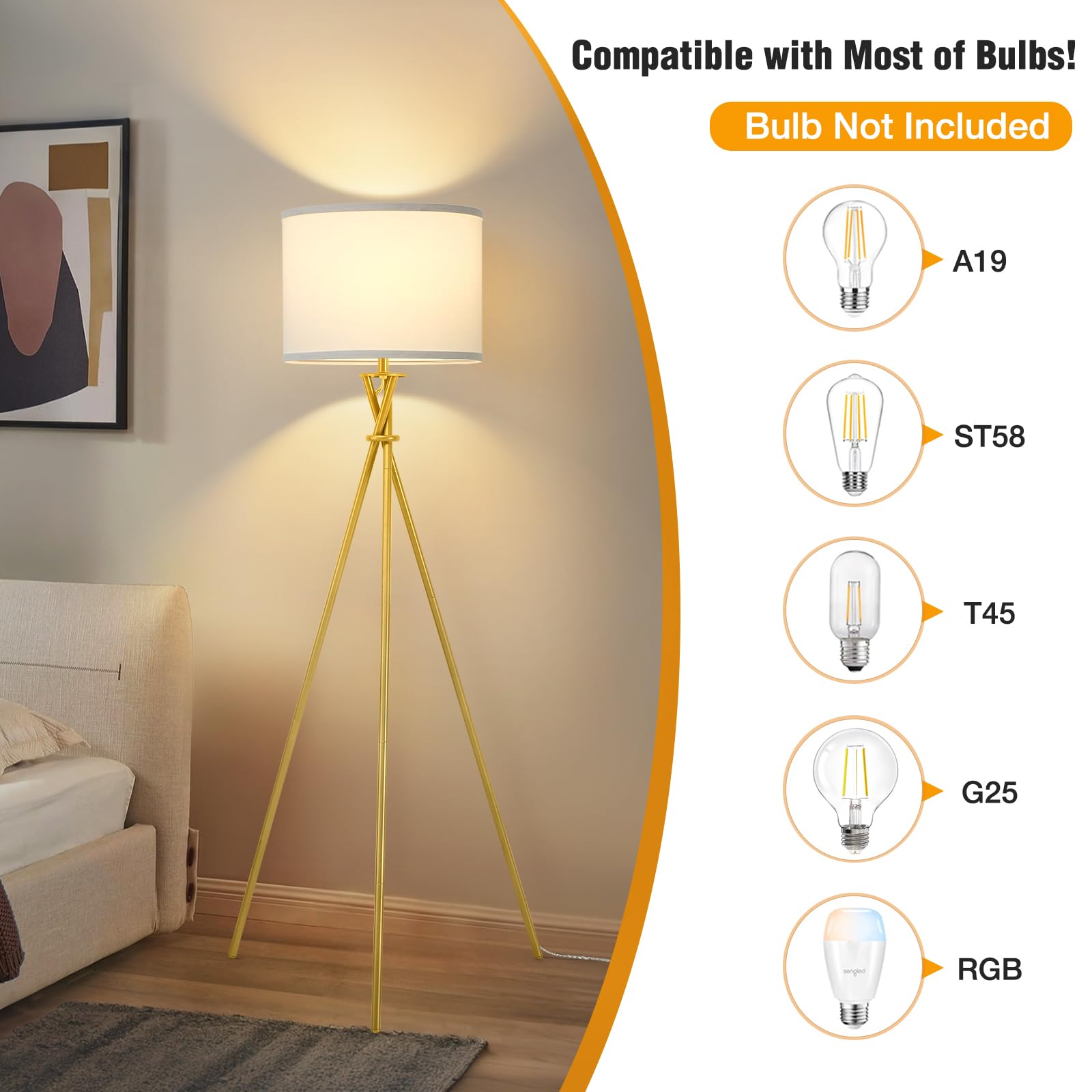 Luvkczc Gold Tripod Floor Lamp, 61” Tall, Metal with White Shade, Model 1FL-054-03