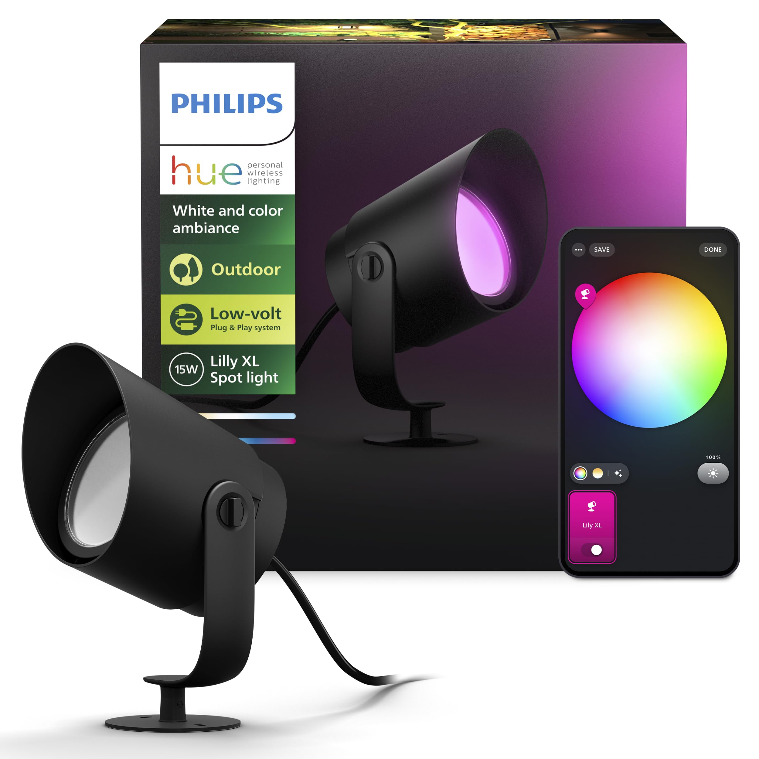 Philips Hue Lily XL Outdoor Smart Spot Light - White & Color Ambiance LED Walkway Lights - Low Voltage Lighting - 1 Pack - Requi