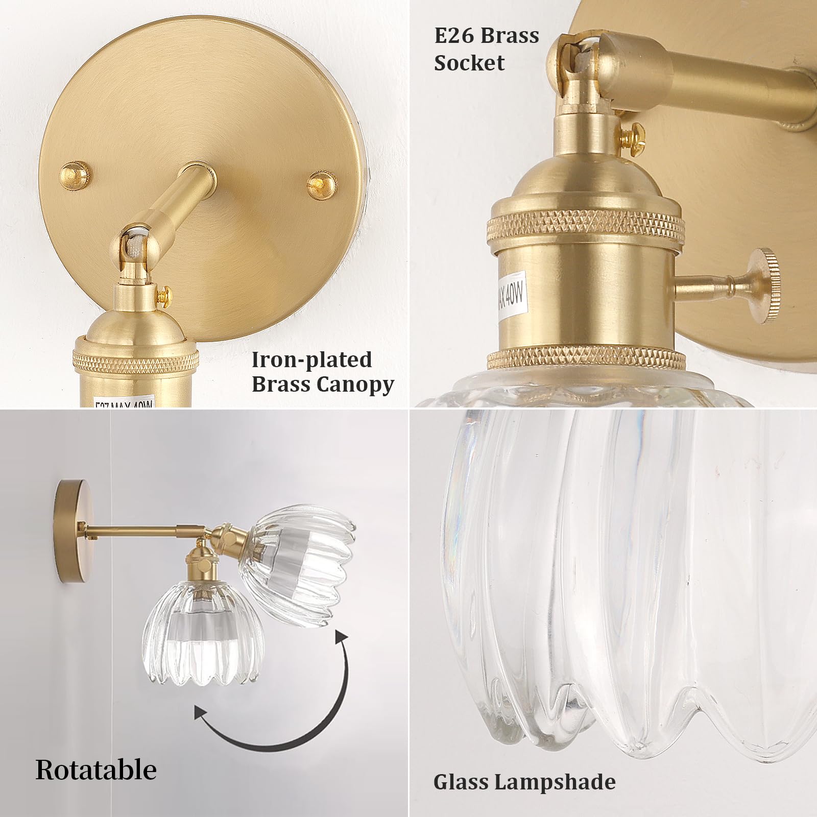 Shenmoyl Vintage Wall Sconces with Transparent Tulip Glass Lampshade 180 Degree Adjustable Brass Sconces Hradwired Modern Wall L