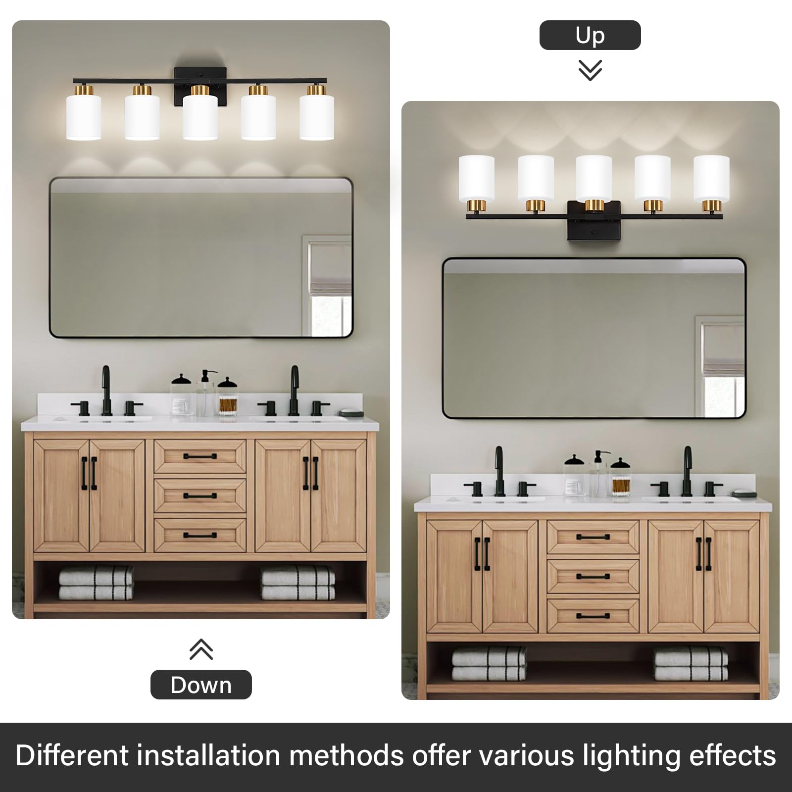 Fonmyim Black And Gold Bathroom Light Fixtures, 5-Light Modern Vanity Light Over Mirror, Wall Sconces With Milky White Frosted G