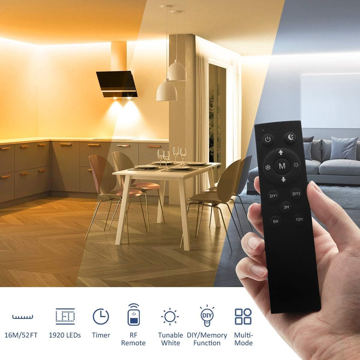 Ustarus Led Strip Lights White 52.5Ft 24V Dimmable 3000K-6000K Led Tape Rope Light With Remote Flexible 2835 Led Ribbon For Kitc