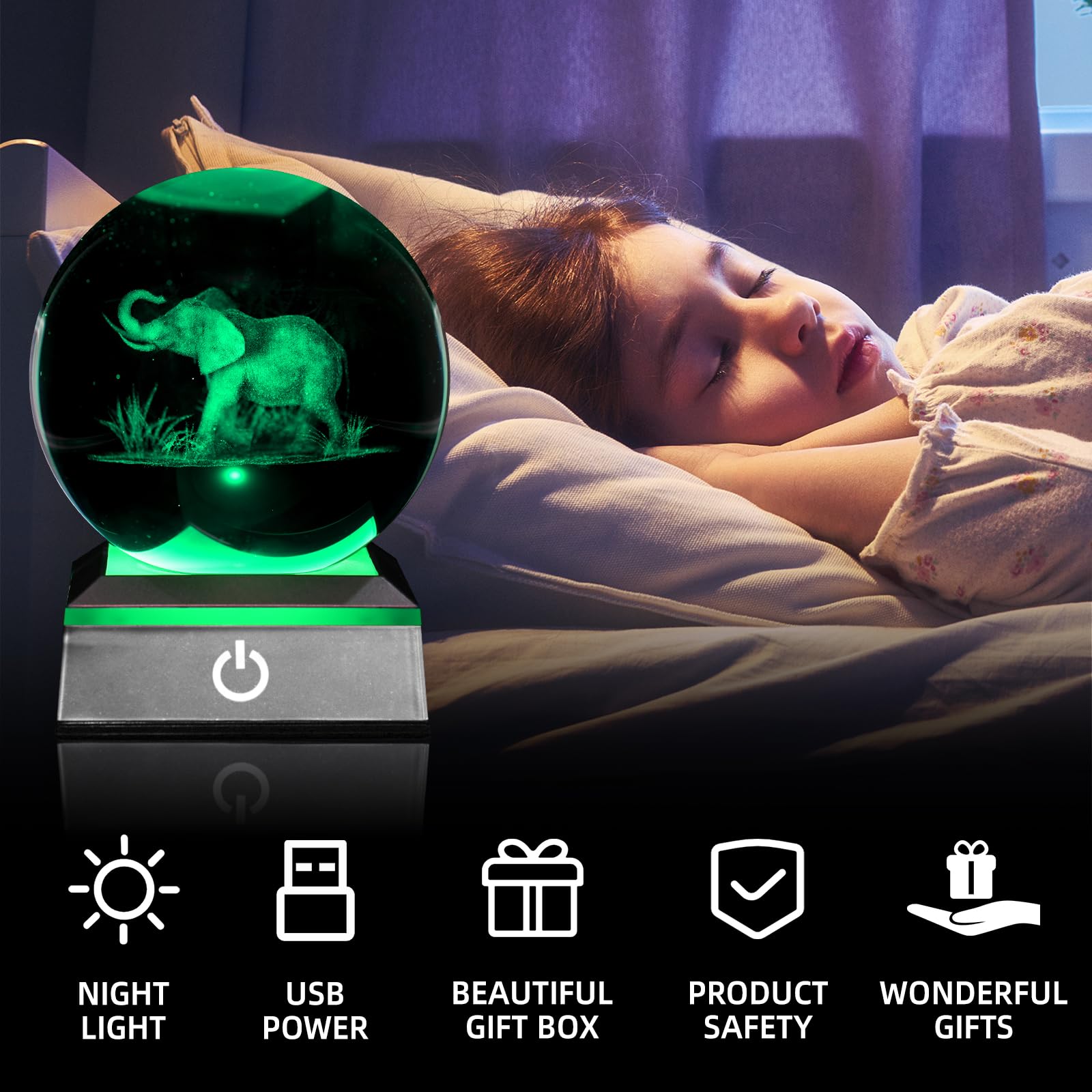 Oriamde 3D Elephant Crystal Ball Night Light 3.15 Inch Glass Ball Table Lamp With Color Changing Touch Base Decor Ideal Elephant