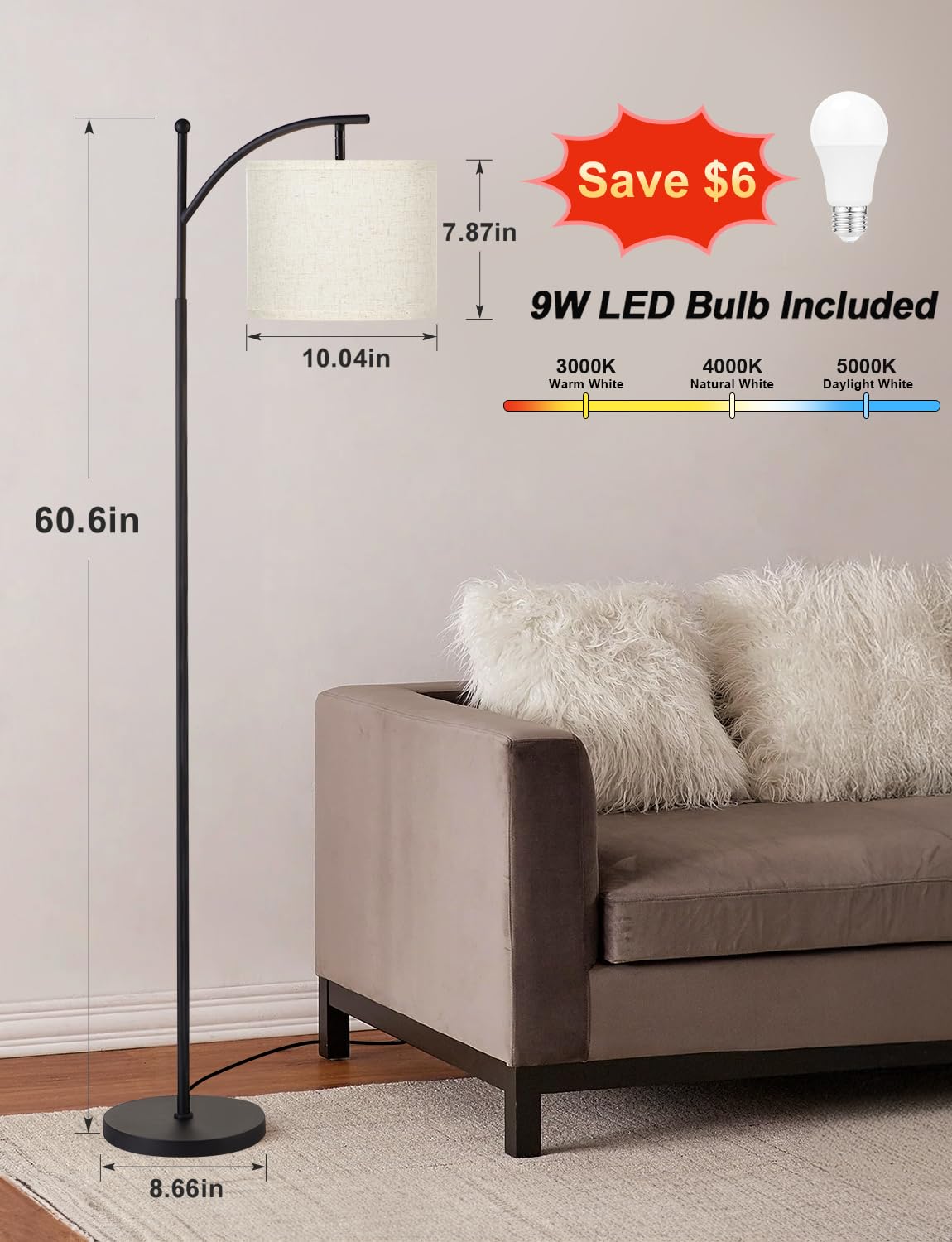 Ambimall 60&quot; Adjustable Floor Lamp With 3 Color Temperatures & Linen Shade - Beige & Black