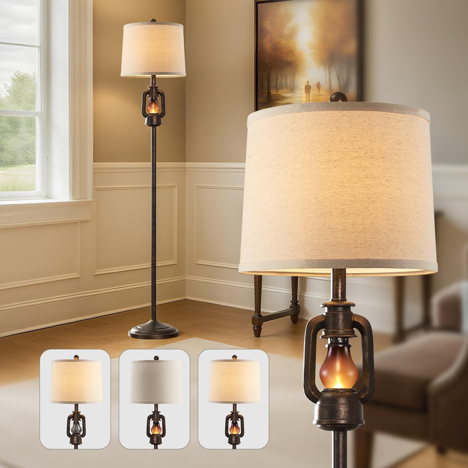 63 Farmhouse Lantern Floor Lamp for Living Room with 2 Light Sources  Rustic Vintage Resin Tall Standing Lamp with Glass Night Light for Bedroom Office Study Room  Bulb Included (Bronze)