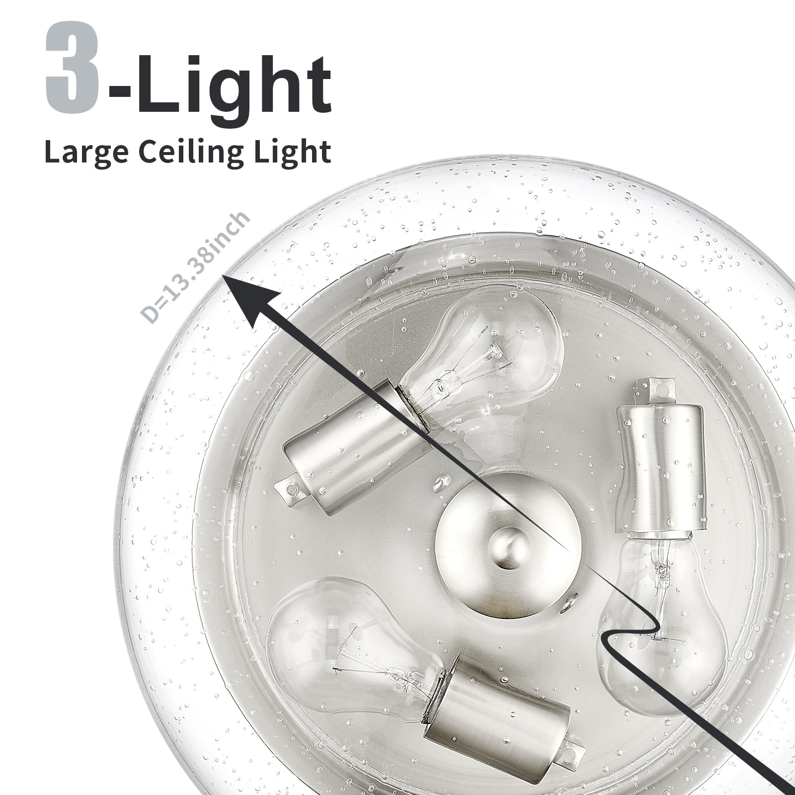 Darkaway Ceiling Light Fixture, 3-Light Flush Mount, Nickel Finish, Seeded Glass Shade, 13.38 inch, Model 6T1F