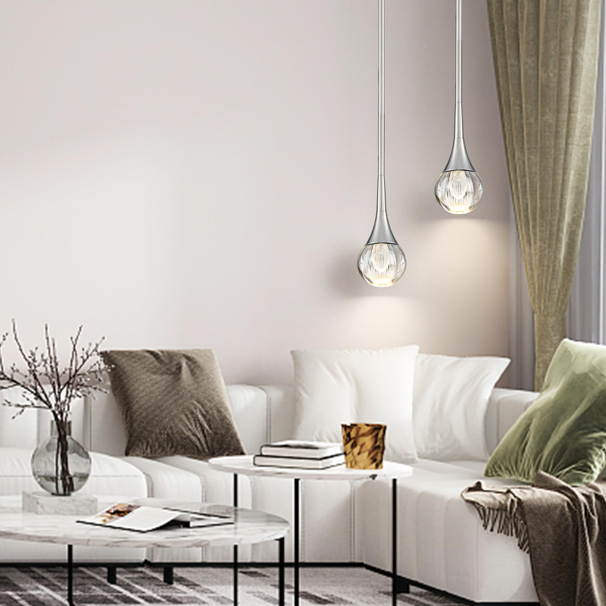 Eanloly 1-Pendant Lights Kitchen Island, Silver Globe Crystal Ceiling Hanging Light Fxitures, Led Raindrop Light Fixtures Metal