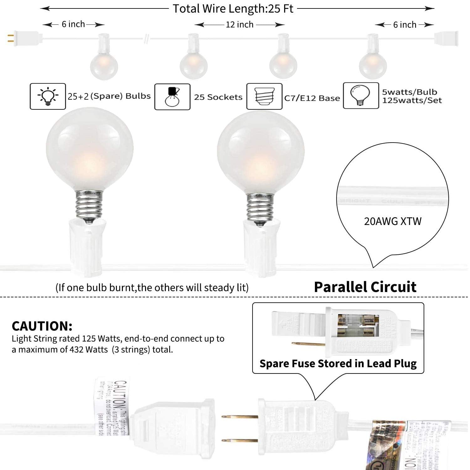 GOOTHY 25FT Outdoor String Lights, G40 Frosted White Globe, 27 Warm White Bulbs, UL Listed for Patio, Garden, Wedding, Christmas Decor