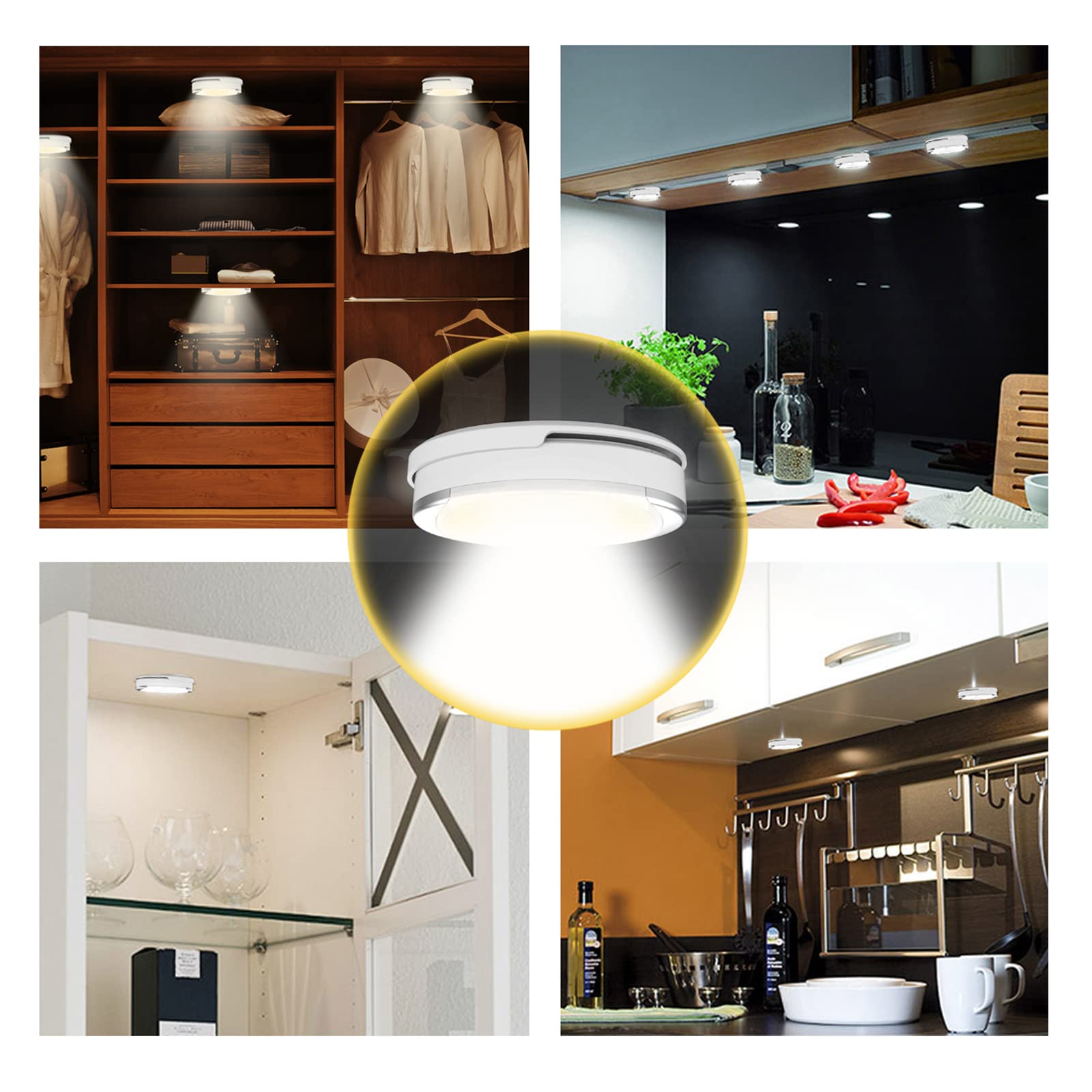 Shineled LED Puck Light - Battery Operated, Remote Control, 4000K Warm White, Oval Size, 6 Pack