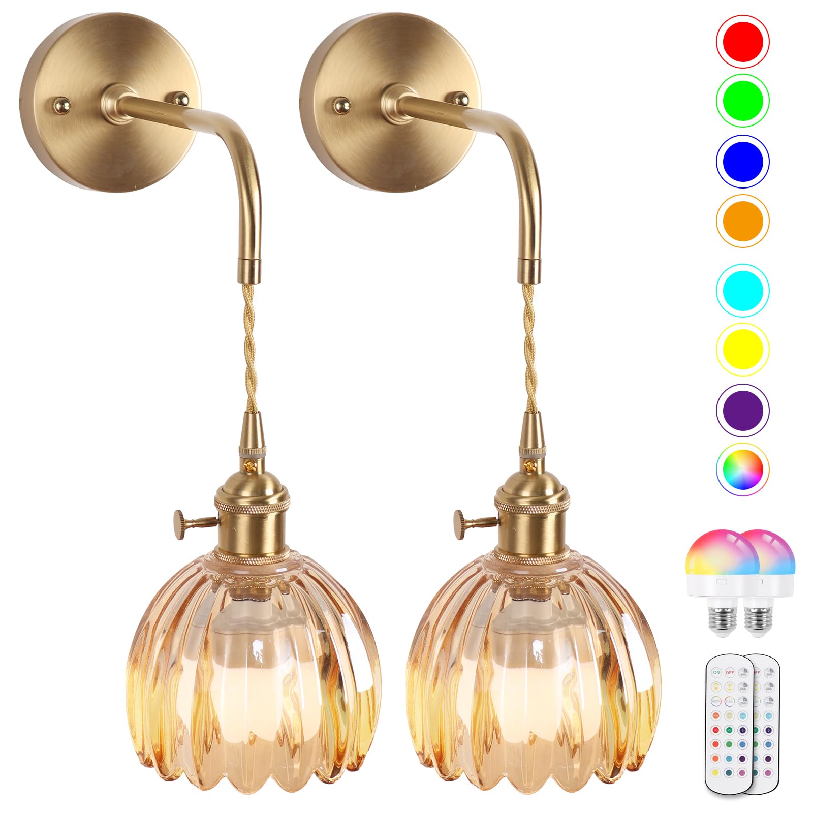 EIDEARAY Vintage Wall Sconces - Amber Tulip Glass, Battery Operated, Rechargeable RGB, Dimmable Remote Control, Model YLC-BRO3TB