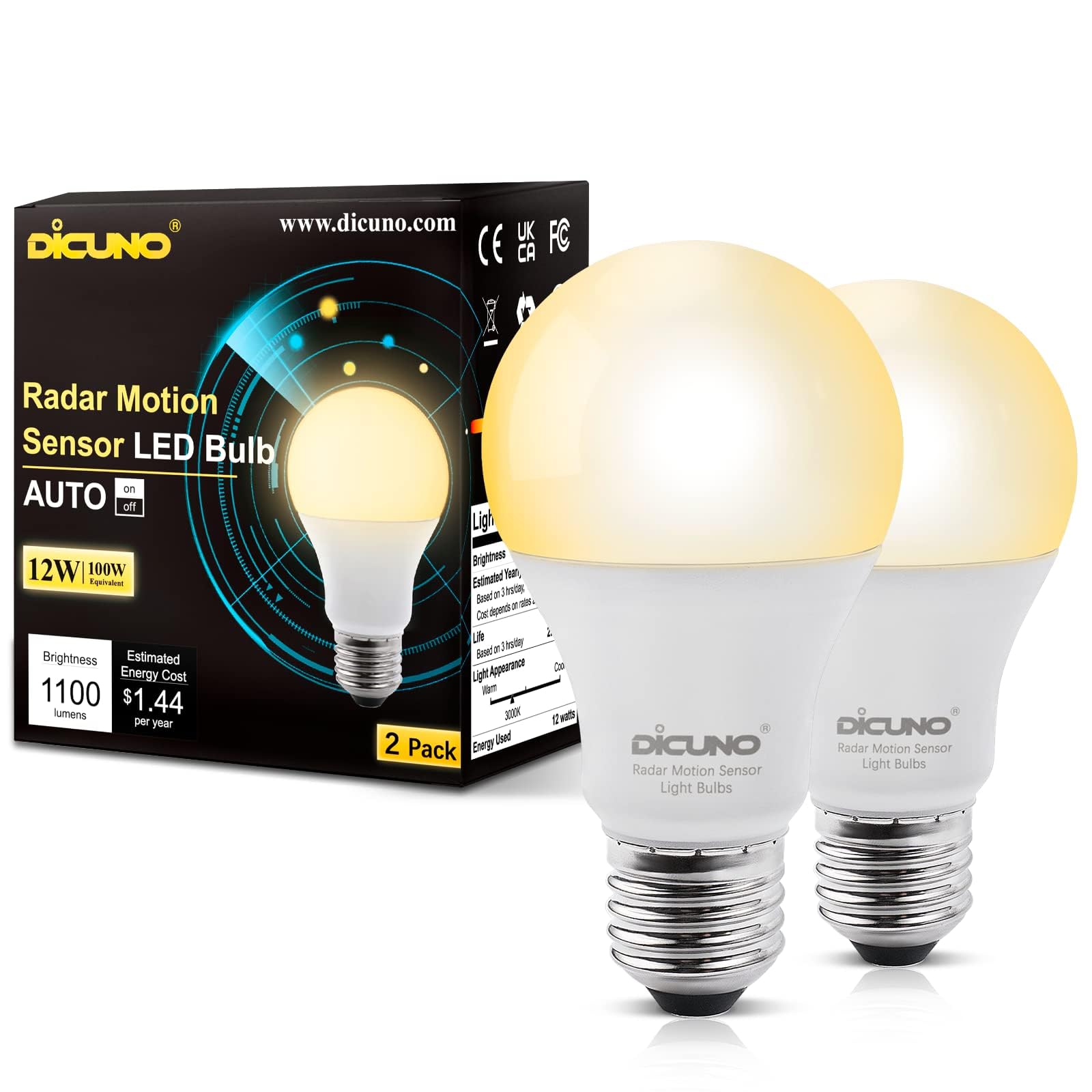 DiCUNO Radar Motion Sensor Light Bulbs Outdoor, 12W (100W Equivalent), Motion Sensor Bulb Auto On/Off, Warm White 3000K, 1100 LM
