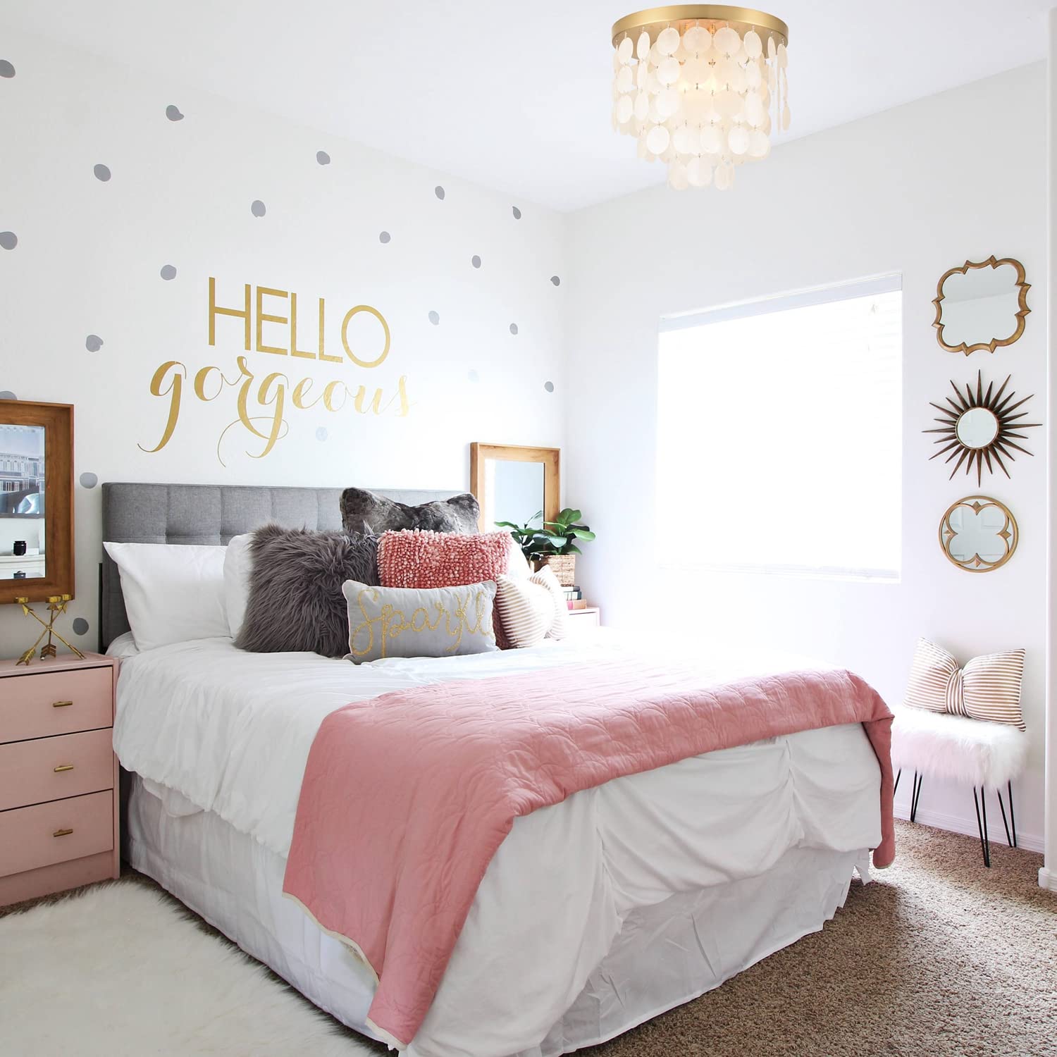 ALICE HOUSE 3-Light Flush Mount Ceiling Light, Brushed Brass Finish, Capiz Shell Design, Model AL2608-S3