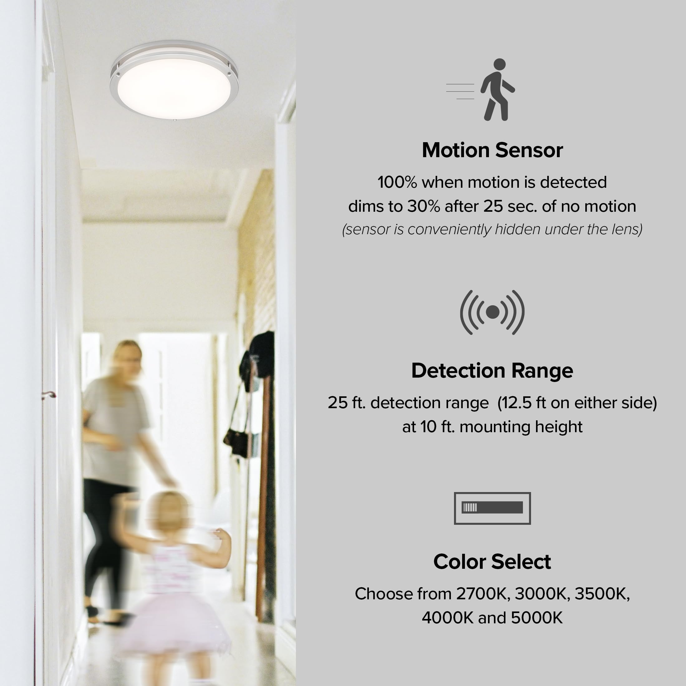 Maxxima LED Flush Mount Ceiling Light Fixture, Motion Sensor, 1300 Lumens, 5 CCT, Satin Nickel, Model MCL-3141805SN