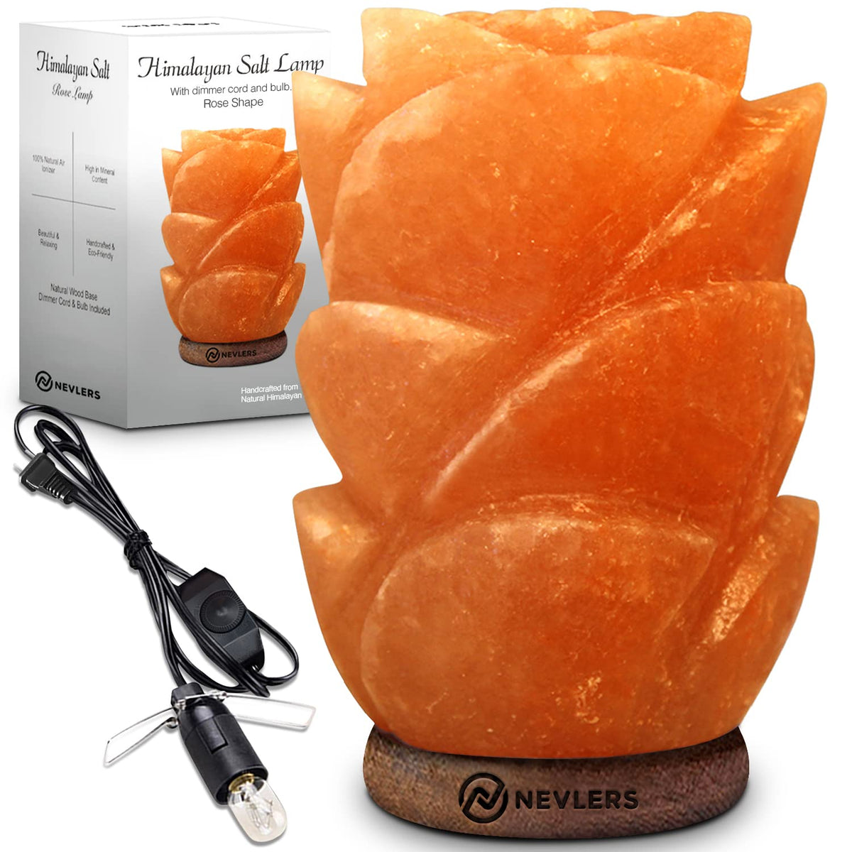 Nevlers Rose Shape Pink Himalayan Salt Lamp With Wood Base | 7-8 Lbs & 7&quot;- 8&quot; Himalayan Pink Salt Lamp W/Dimmer Cord & Light Bulb | 100% Salt Rock Lamp | Pink Salt Lamp For Home Decor