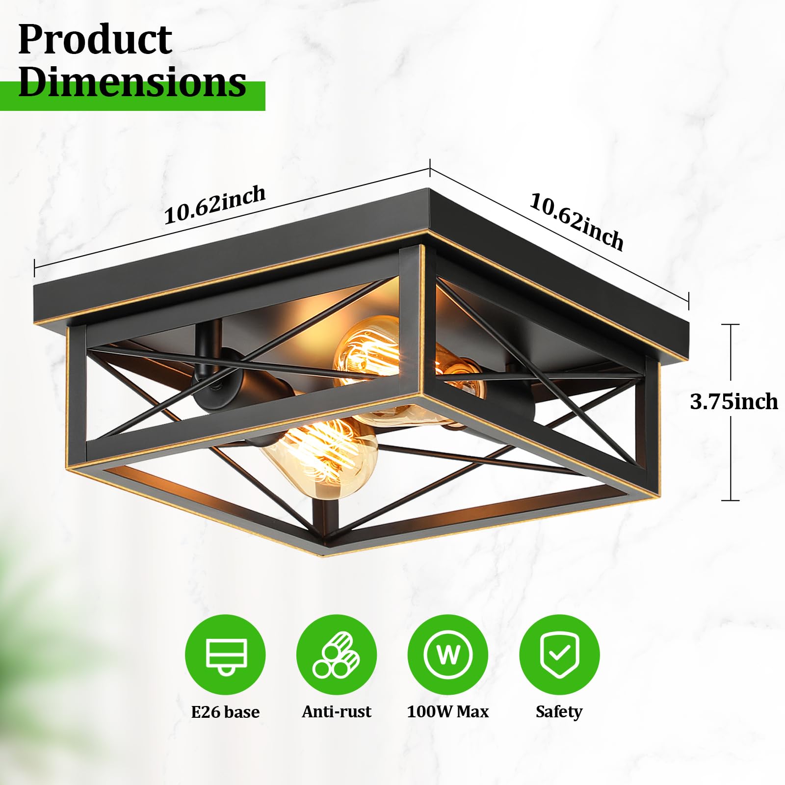 Brushed Gold Hallway Light Fixtures Ceiling, 2-Light Farmhouse Industrial Flush Mount Ceiling Lights, 2-Pack Metal Kitchen Light