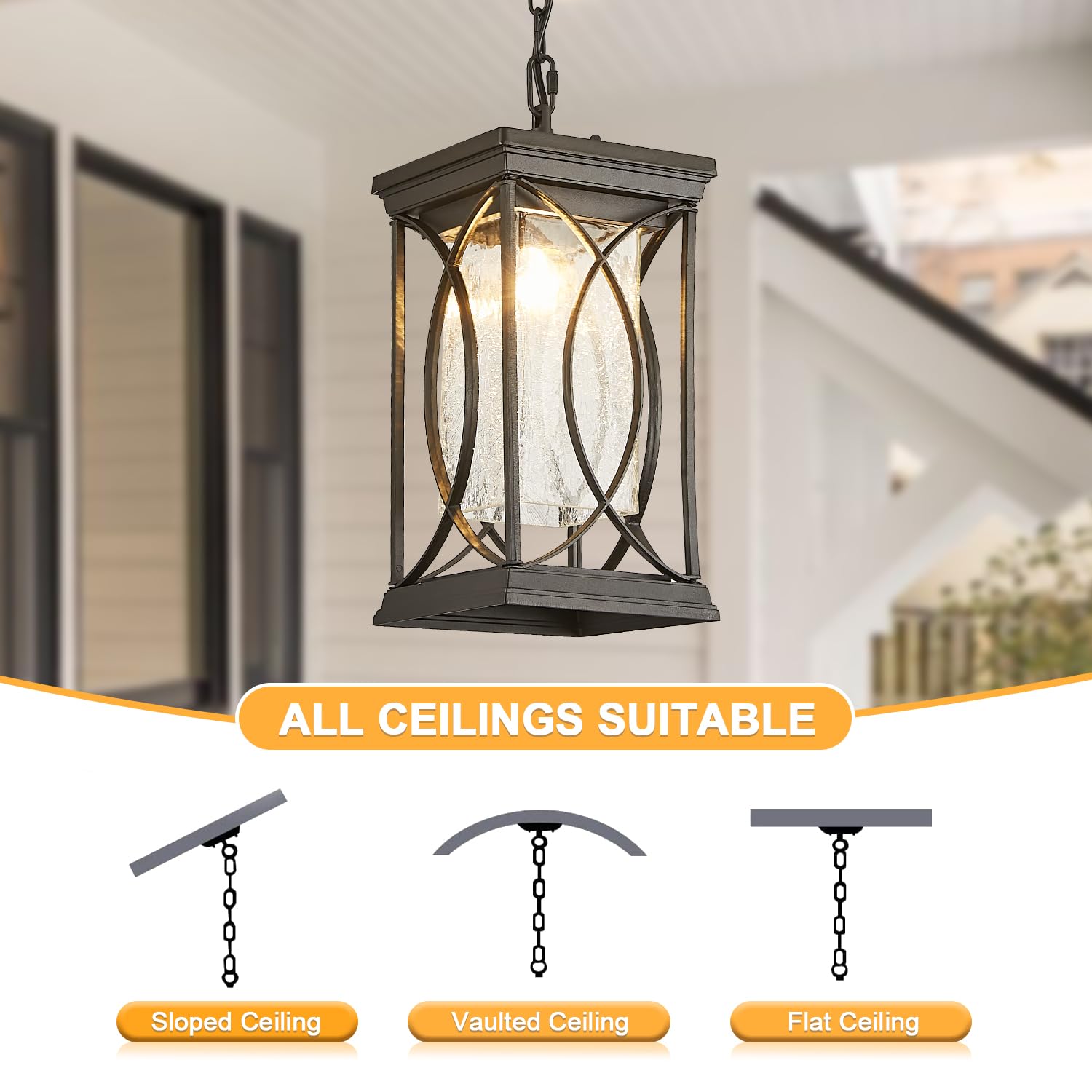 Delicavy Motion Outdoor Pendant Light, Black Aluminum Dusk To Dawn Ceiling Lantern For Porch